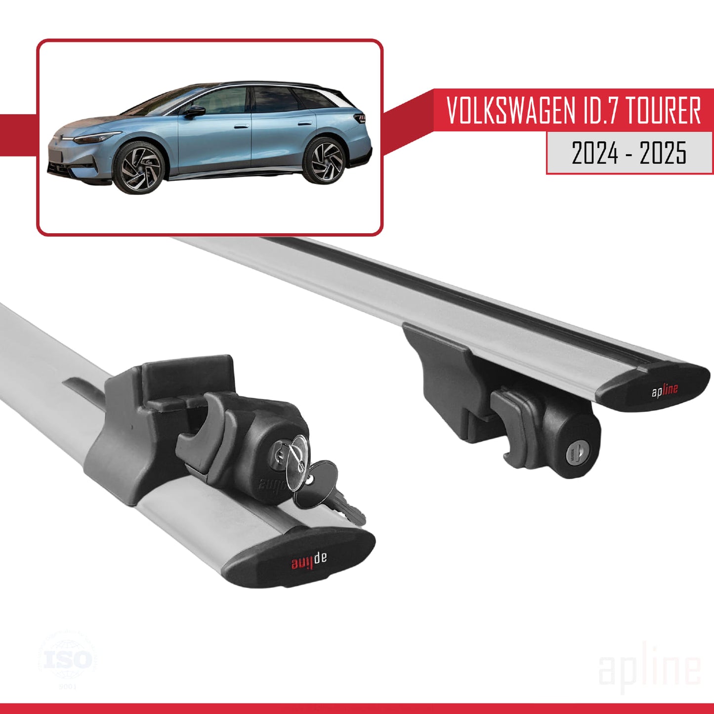 Compatible with Volkswagen ID.7 Tourer 2024-2025 HOOK Model Car Roof Rack Cross Bar Grey Aluminium 2 Bars