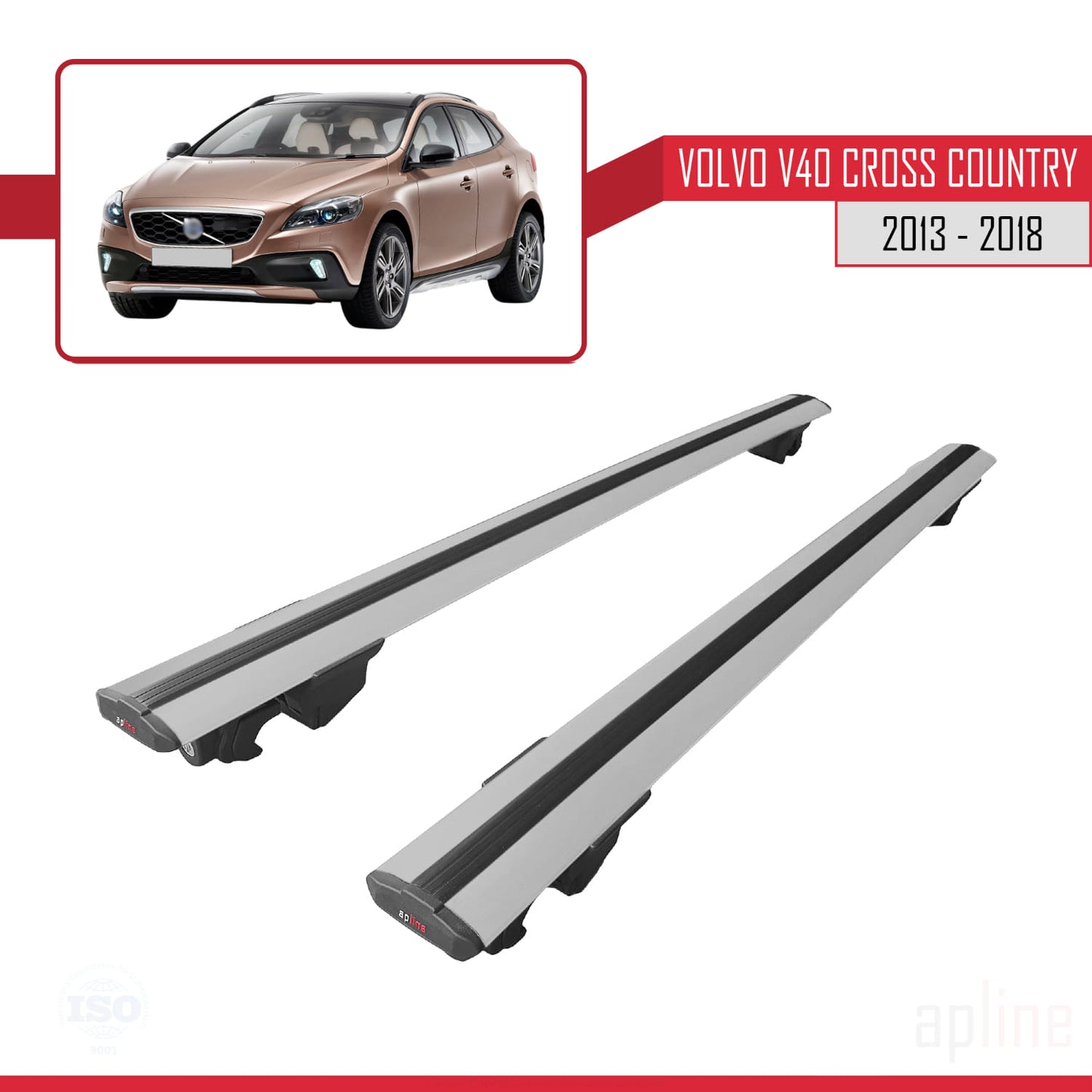 Compatible with Volvo V40 Cross Country 2013-2018 HOOK Model Car Roof Rack Cross Bar Grey Aluminium 2 Bars
