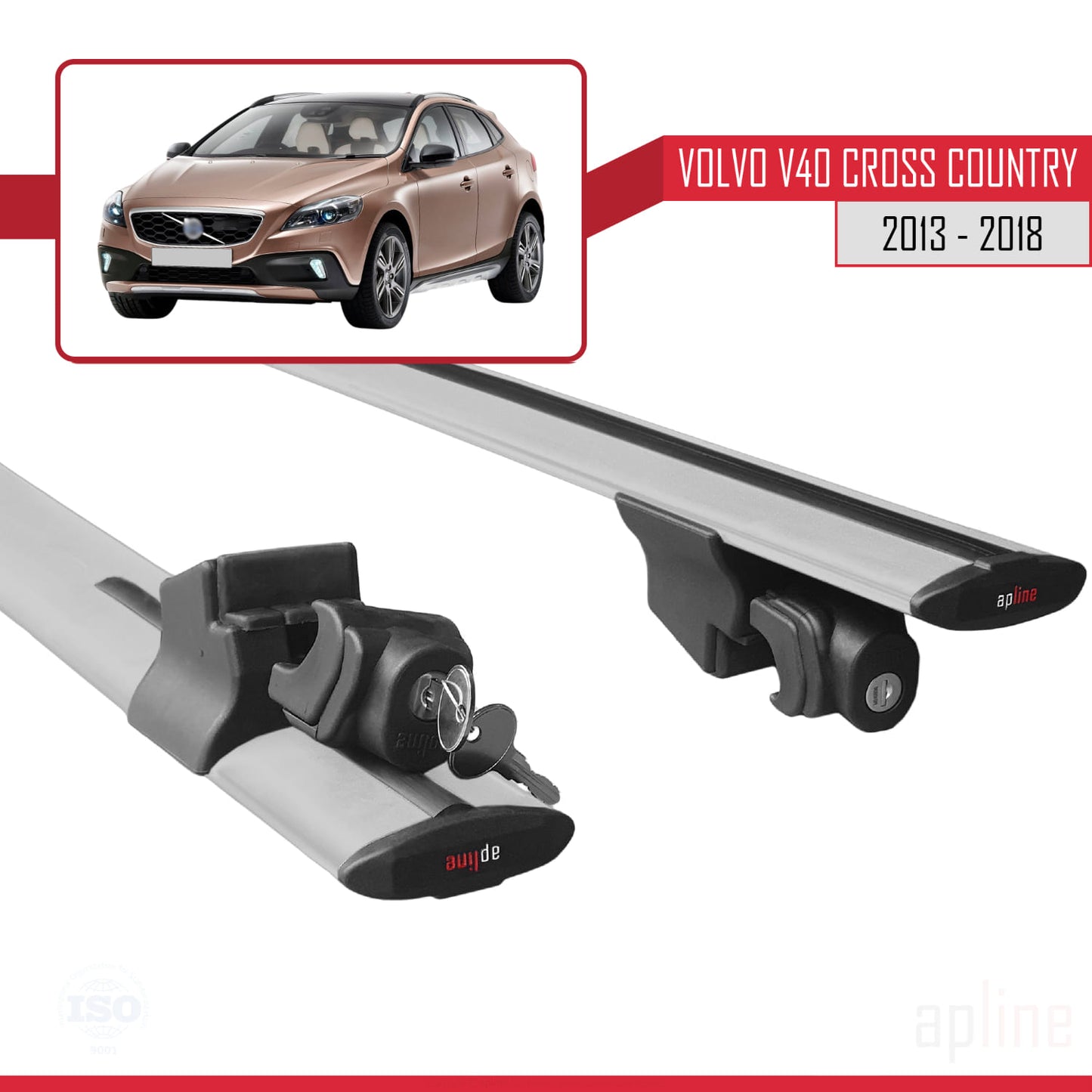 Compatible with Volvo V40 Cross Country 2013-2018 HOOK Model Car Roof Rack Cross Bar Grey Aluminium 2 Bars