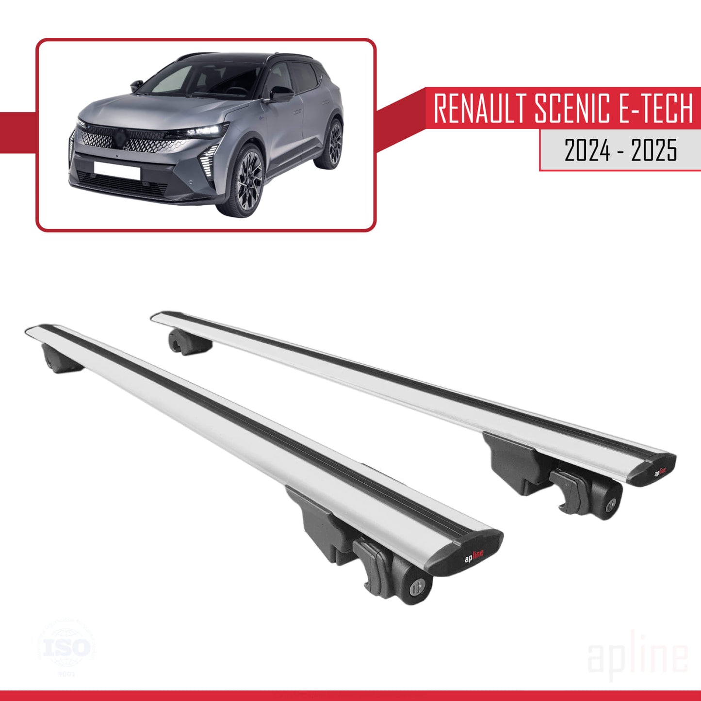 Compatible with Renault Scenic E-Tech 2024-2025 HOOK Model Car Roof Rack Cross Bar Grey Aluminium 2 Bars