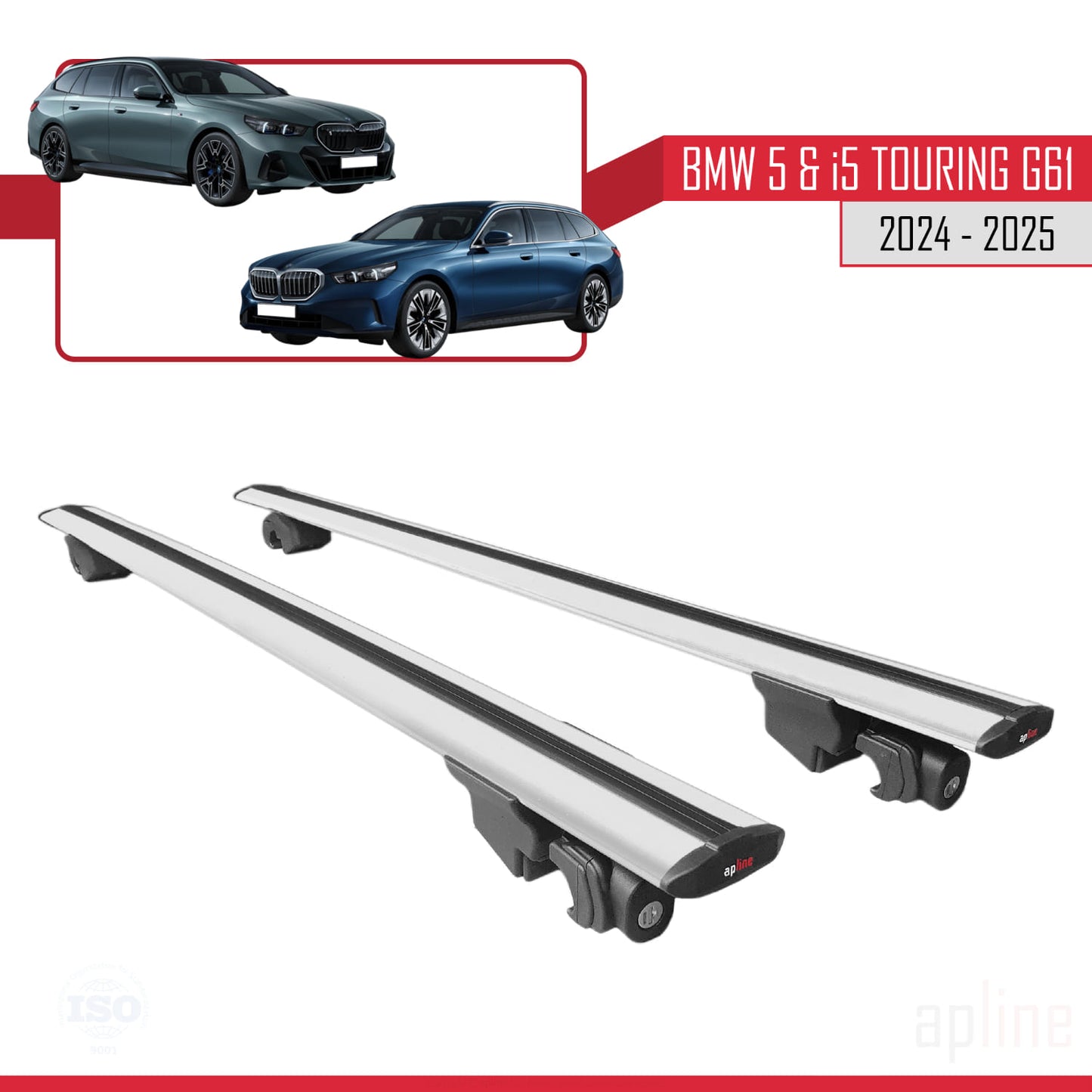 Compatible with BMW 5 Series / i5 G61 Touring 2024-2025 HOOK Model Car Roof Rack Cross Bar Grey Aluminium 2 Bars