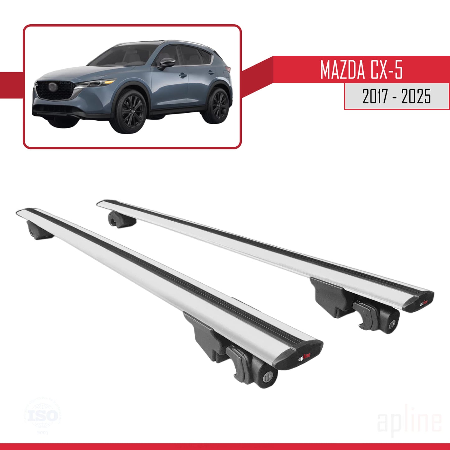 Compatible with Mazda CX-5 2017-2025 HOOK Model Car Roof Rack Cross Bar Grey Aluminium 2 Bars