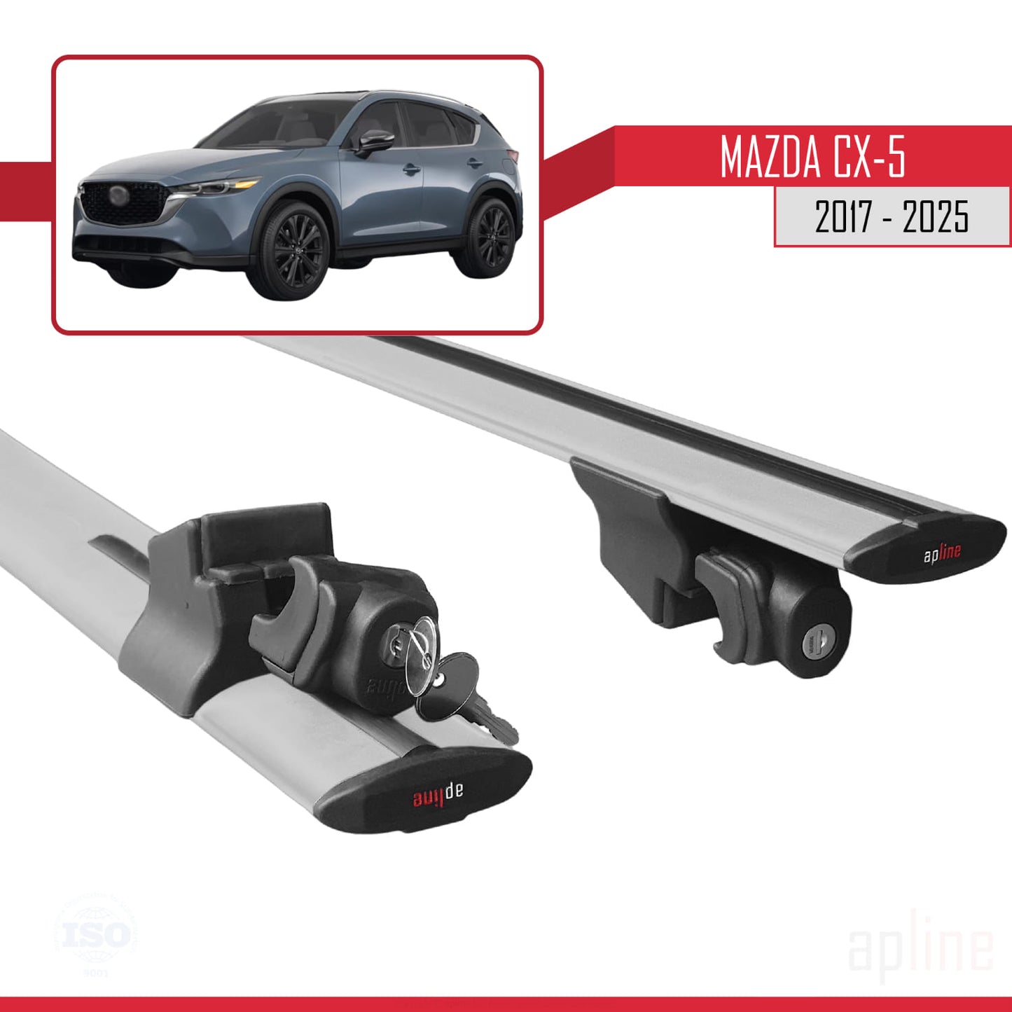 Compatible with Mazda CX-5 2017-2025 HOOK Model Car Roof Rack Cross Bar Grey Aluminium 2 Bars