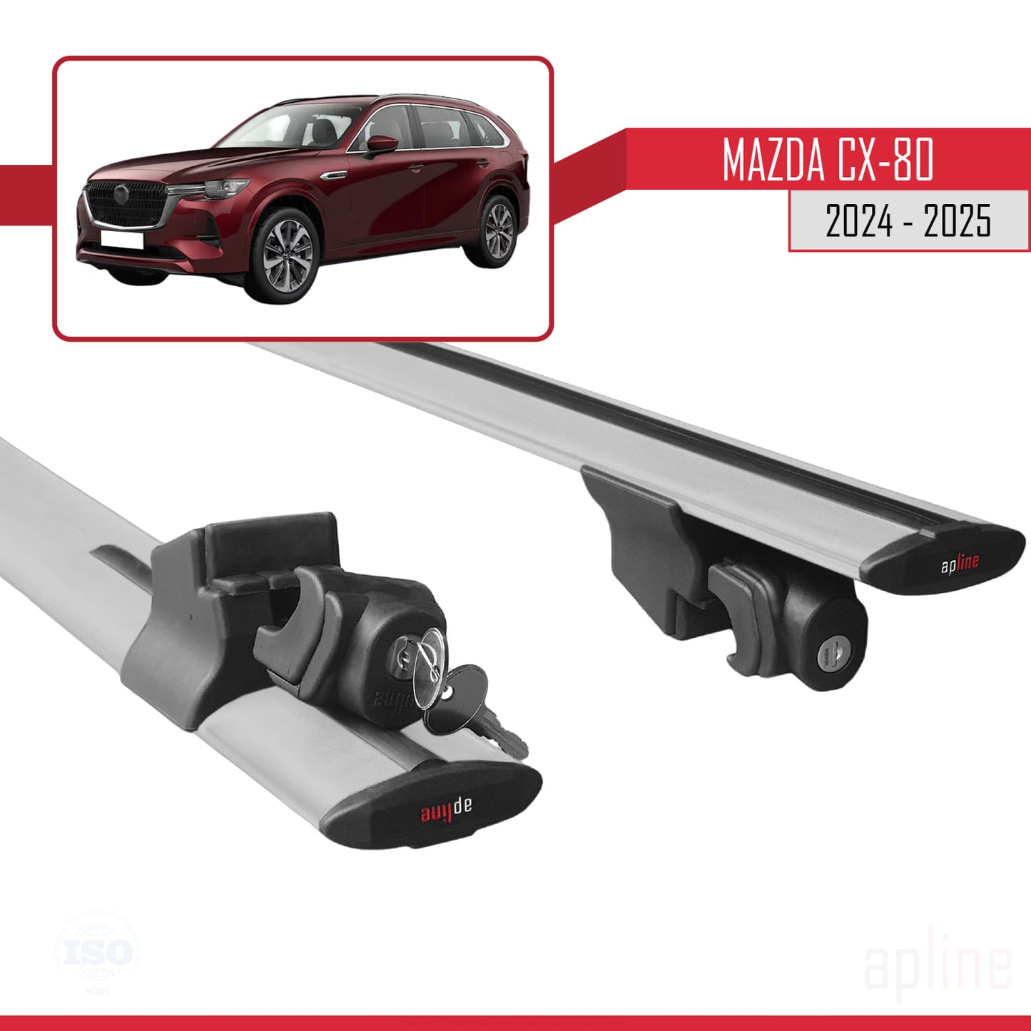 Compatible with Mazda CX-80 2024-2025 HOOK Model Car Roof Rack Cross Bar Grey Aluminium 2 Bars