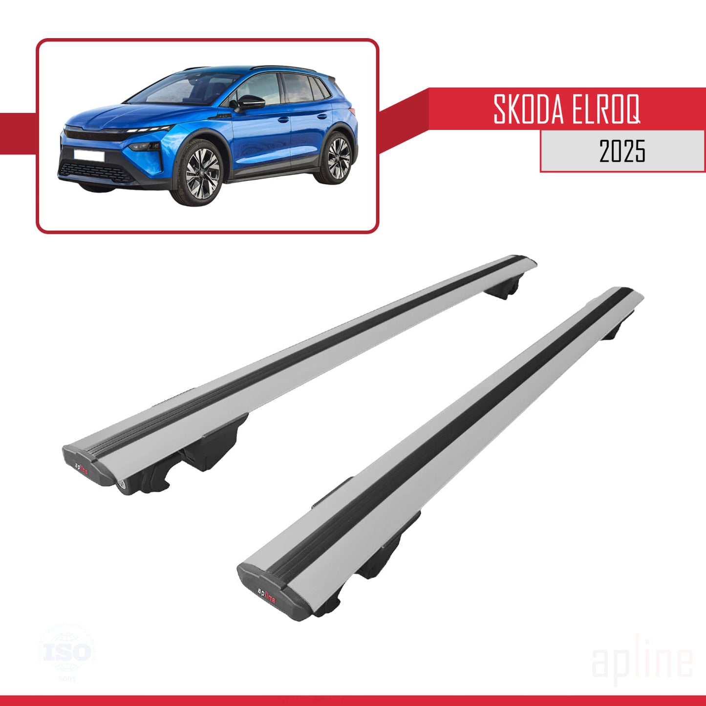 Compatible with Skoda Elroq 2025 HOOK Model Car Roof Rack Cross Bar Grey Aluminium 2 Bars