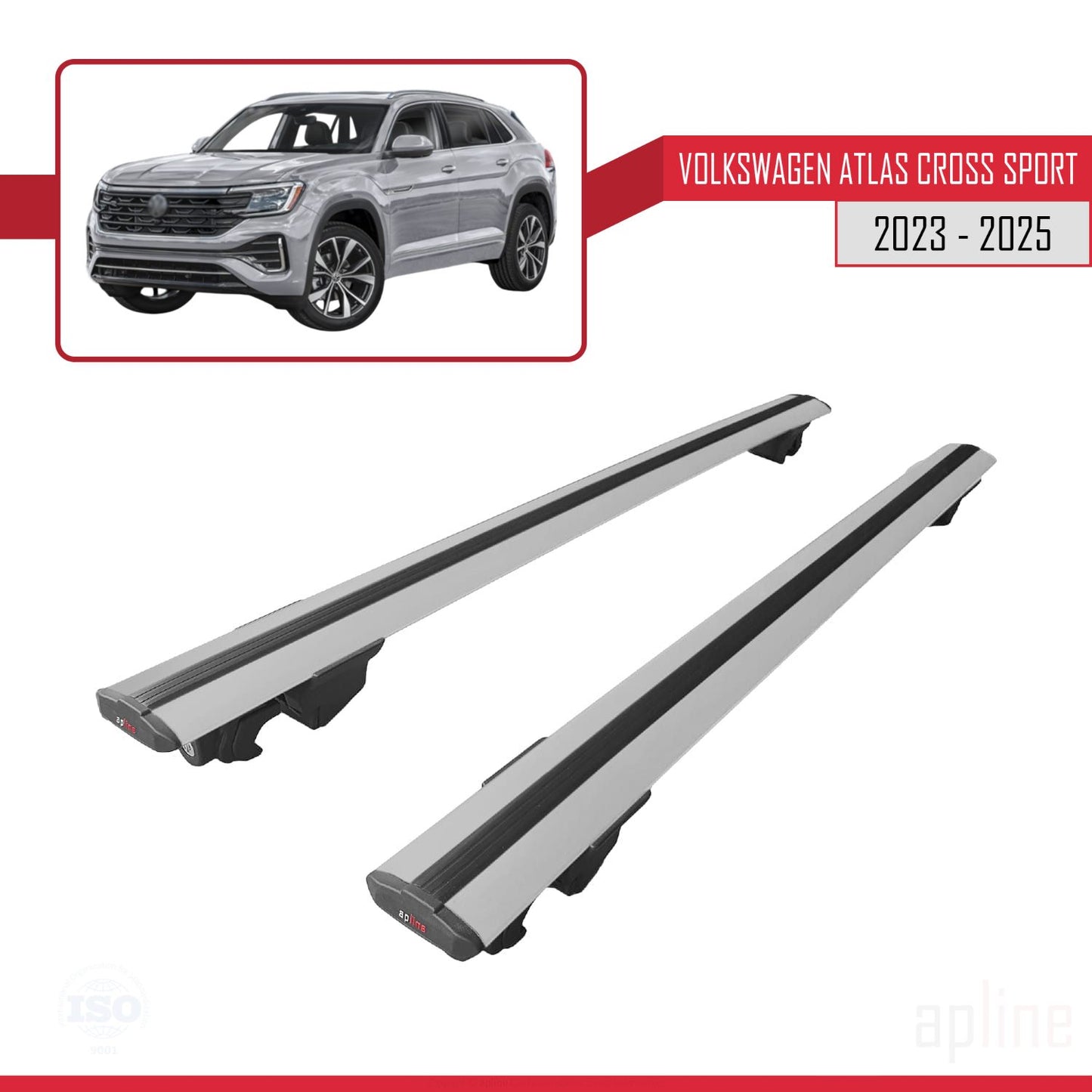 Compatible with Volkswagen Atlas Cross Sport 2023-2025 HOOK Model Car Roof Rack Cross Bar Grey Aluminium 2 Bars