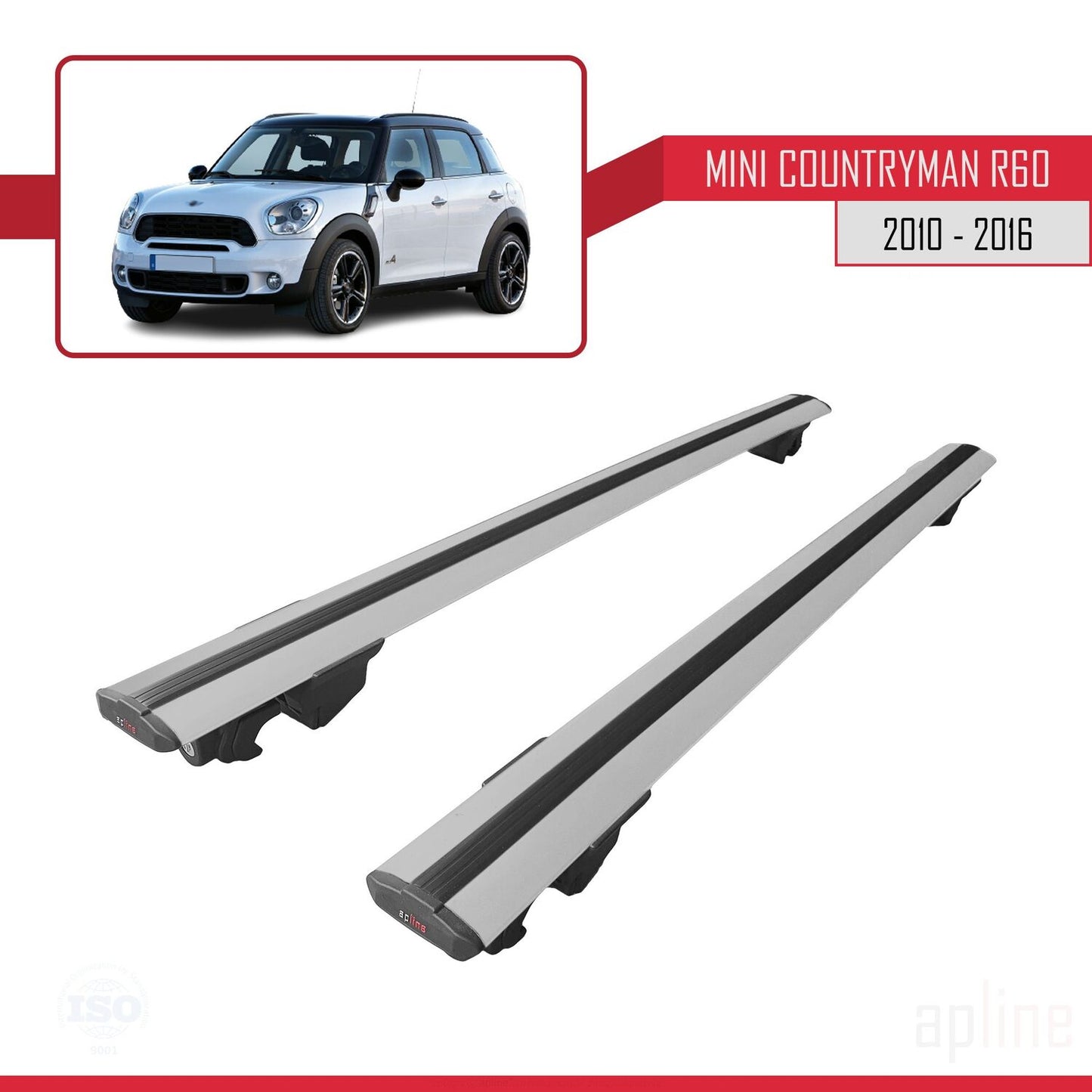 Compatible with Mini Countryman (R60) 2010-2016 HOOK Model Car Roof Rack Cross Bar Grey Aluminium 2 Bars