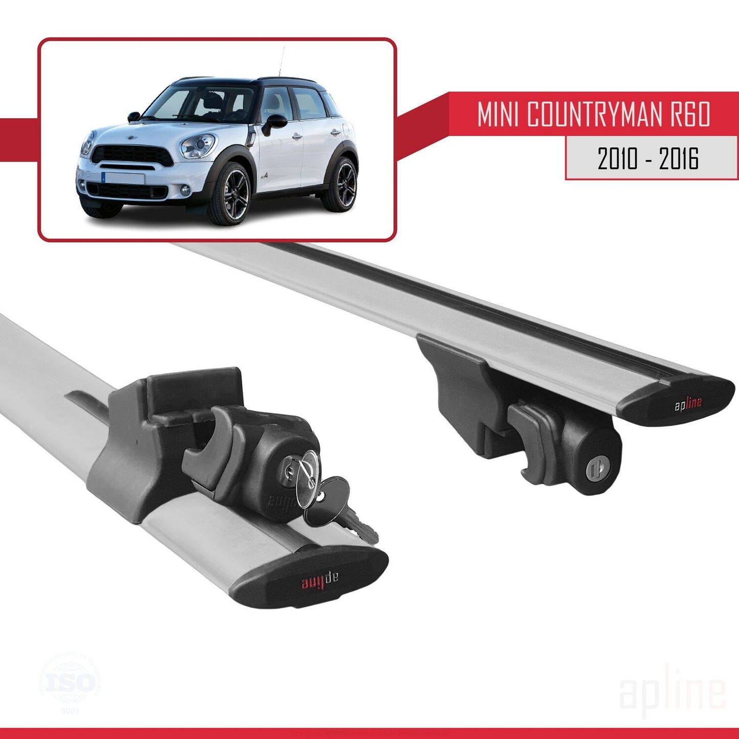 Compatible with Mini Countryman (R60) 2010-2016 HOOK Model Car Roof Rack Cross Bar Grey Aluminium 2 Bars