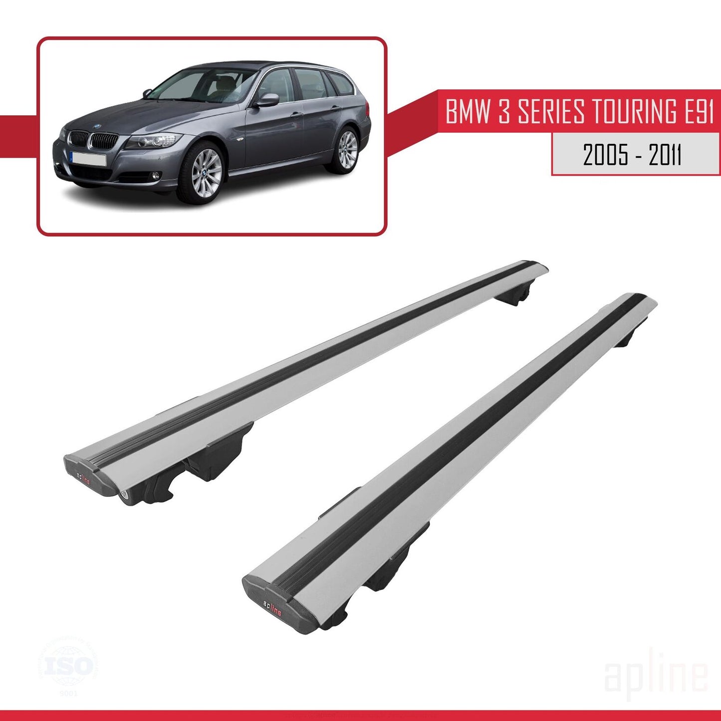Compatible with BMW 3 Series (E91) Touring 2005-2011 HOOK Model Car Roof Rack Cross Bar Grey Aluminium 2 Bars