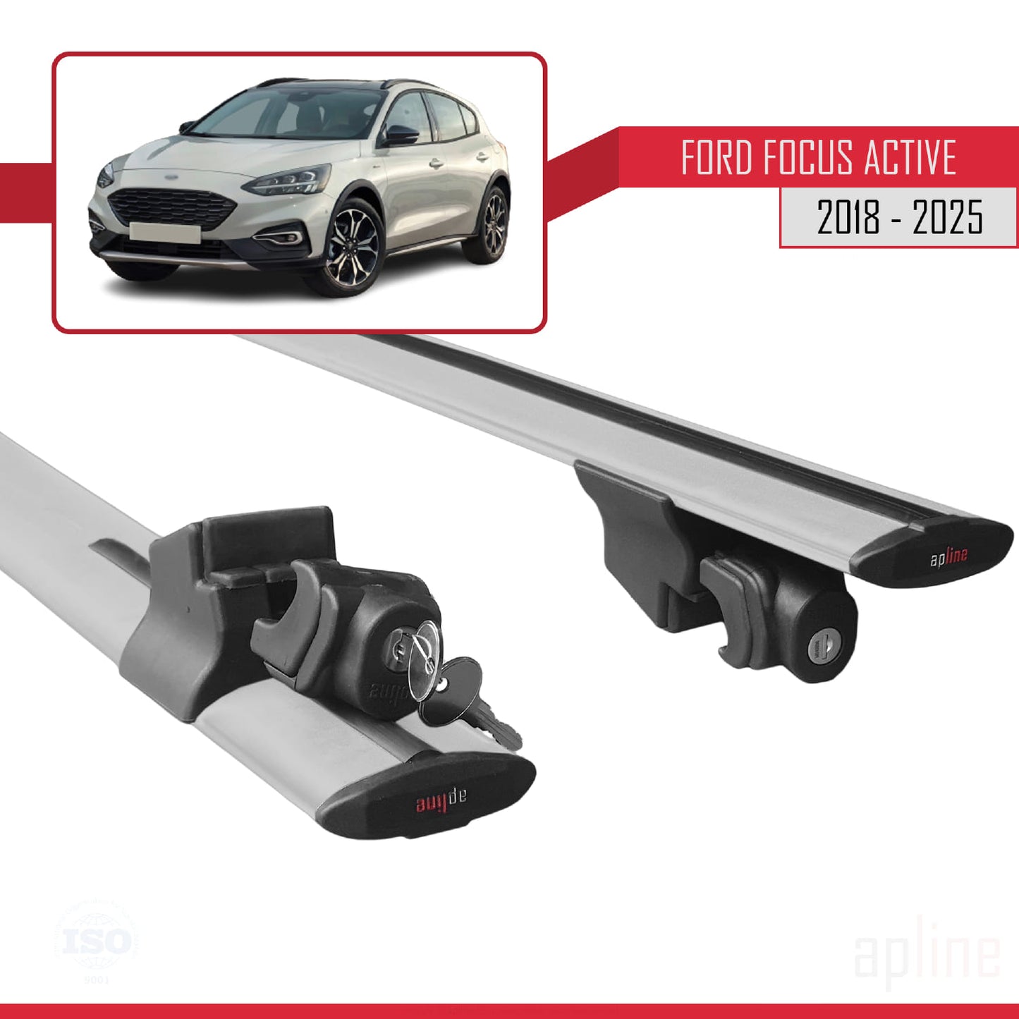 Compatible with Ford Focus 4 (C519) Active 2018-2025 HOOK Model Car Roof Rack Cross Bar Grey Aluminium 2 Bars