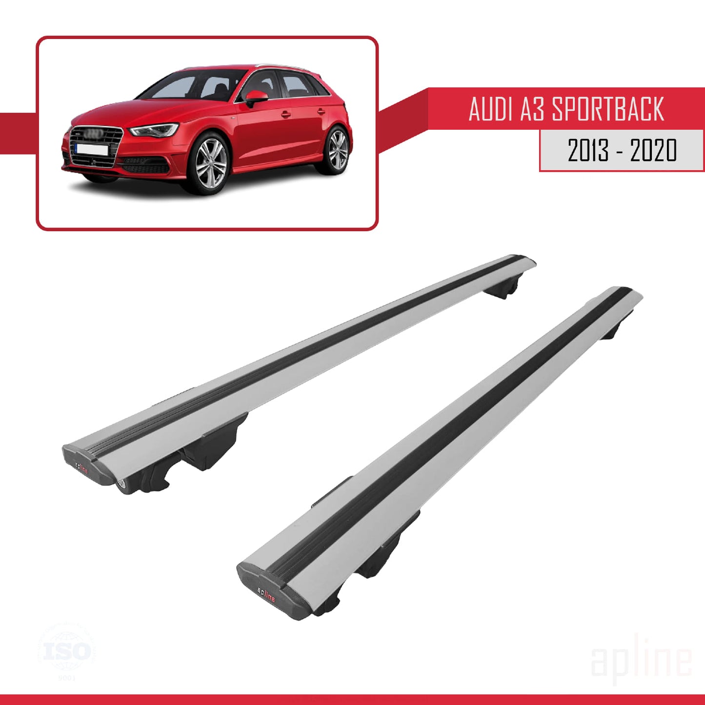 Compatible with Audi A3 (8V) Sportback 2013-2020 HOOK Model Car Roof Rack Cross Bar Grey Aluminium 2 Bars