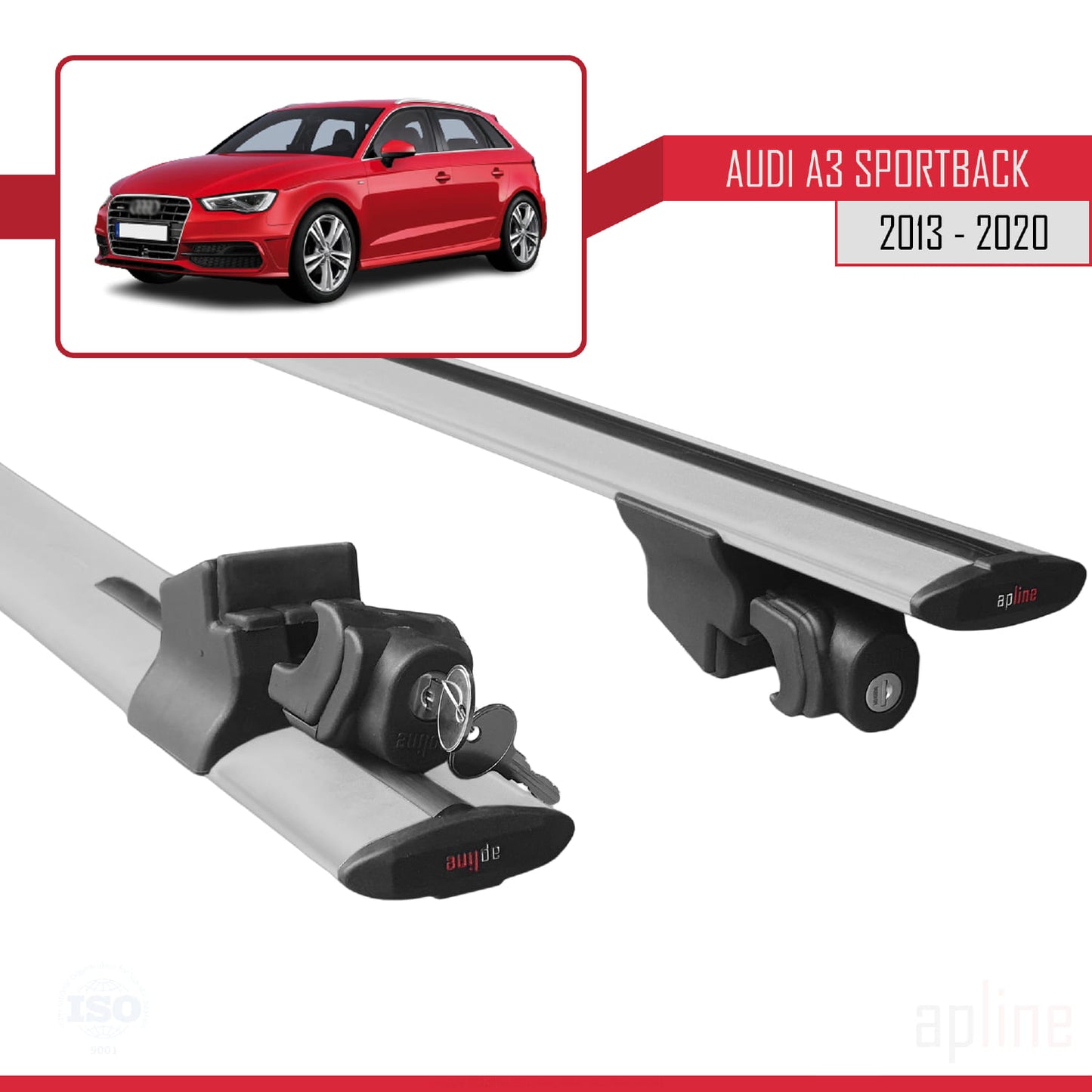 Compatible with Audi A3 (8V) Sportback 2013-2020 HOOK Model Car Roof Rack Cross Bar Grey Aluminium 2 Bars