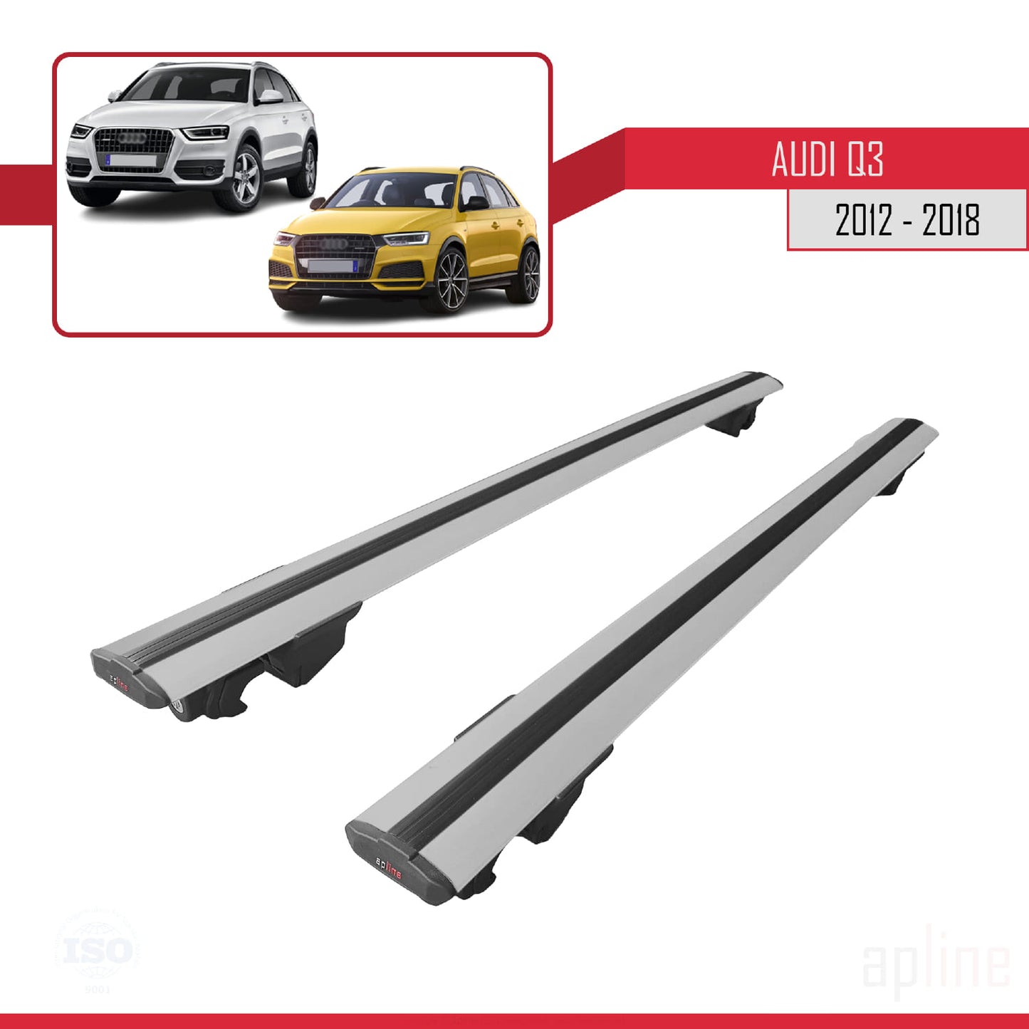 Compatible with Audi Q3 (8U) 2012-2018 HOOK Model Car Roof Rack Cross Bar Grey Aluminium 2 Bars