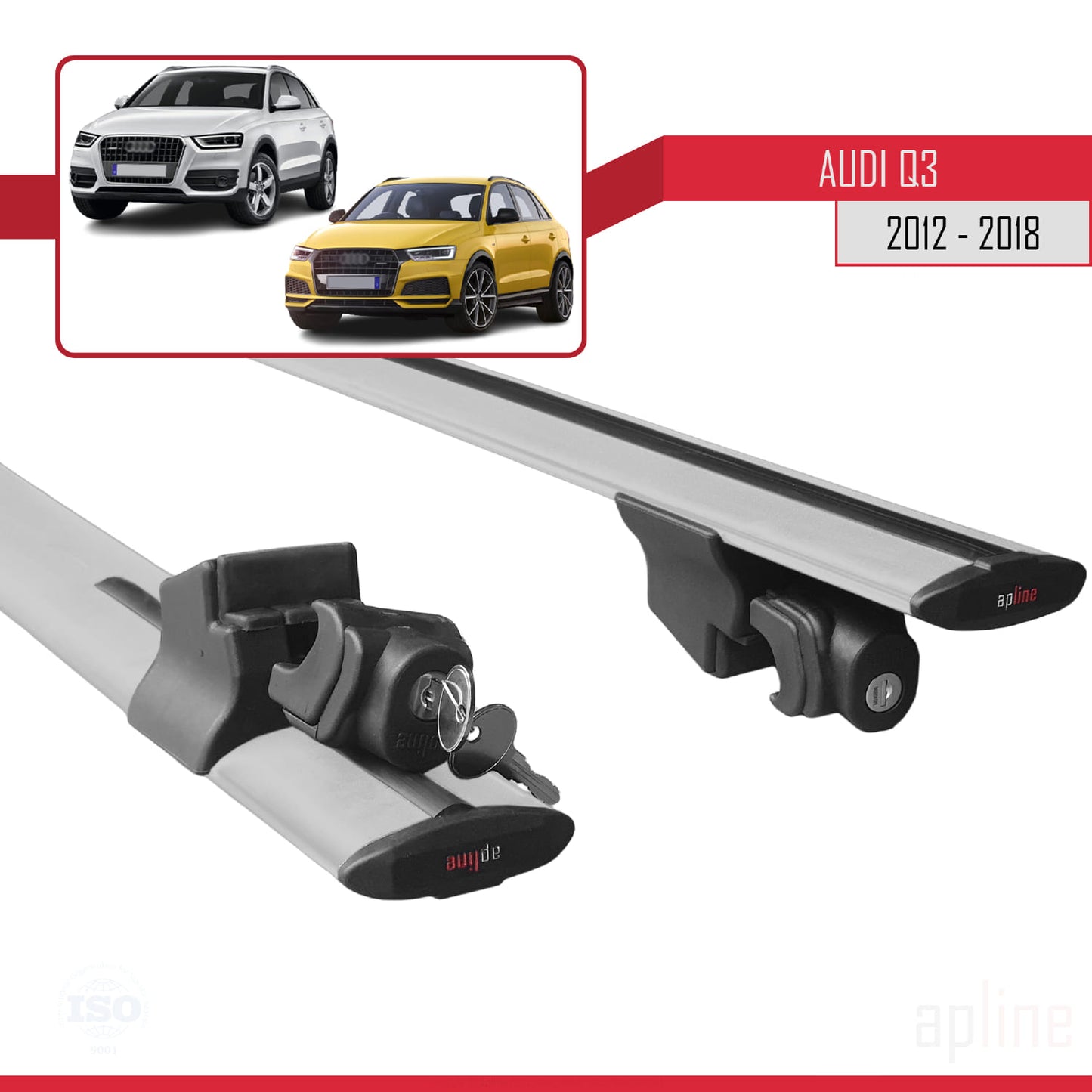 Compatible with Audi Q3 (8U) 2012-2018 HOOK Model Car Roof Rack Cross Bar Grey Aluminium 2 Bars