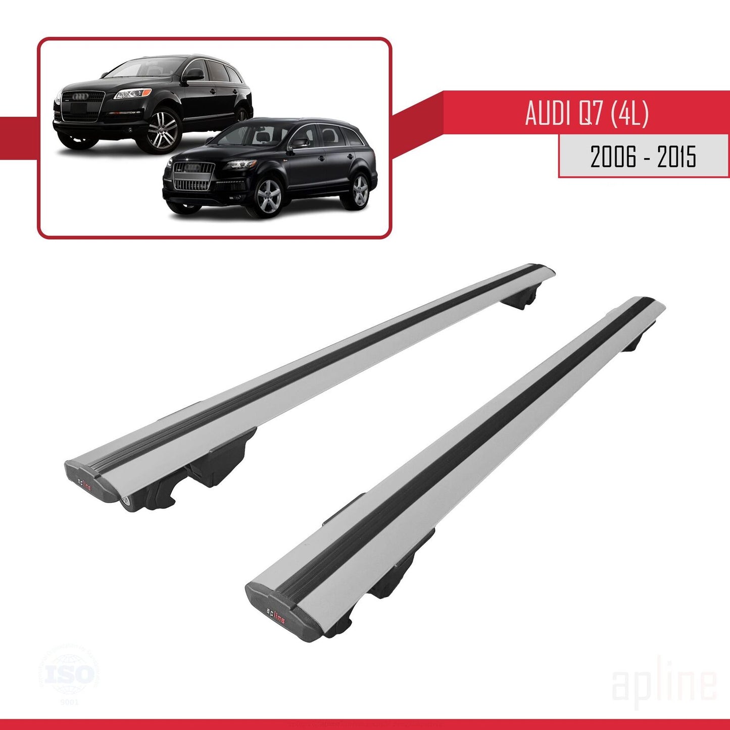 Compatible with Audi Q7 (4L) 2006-2015 HOOK Model Car Roof Rack Cross Bar Grey Aluminium 2 Bars