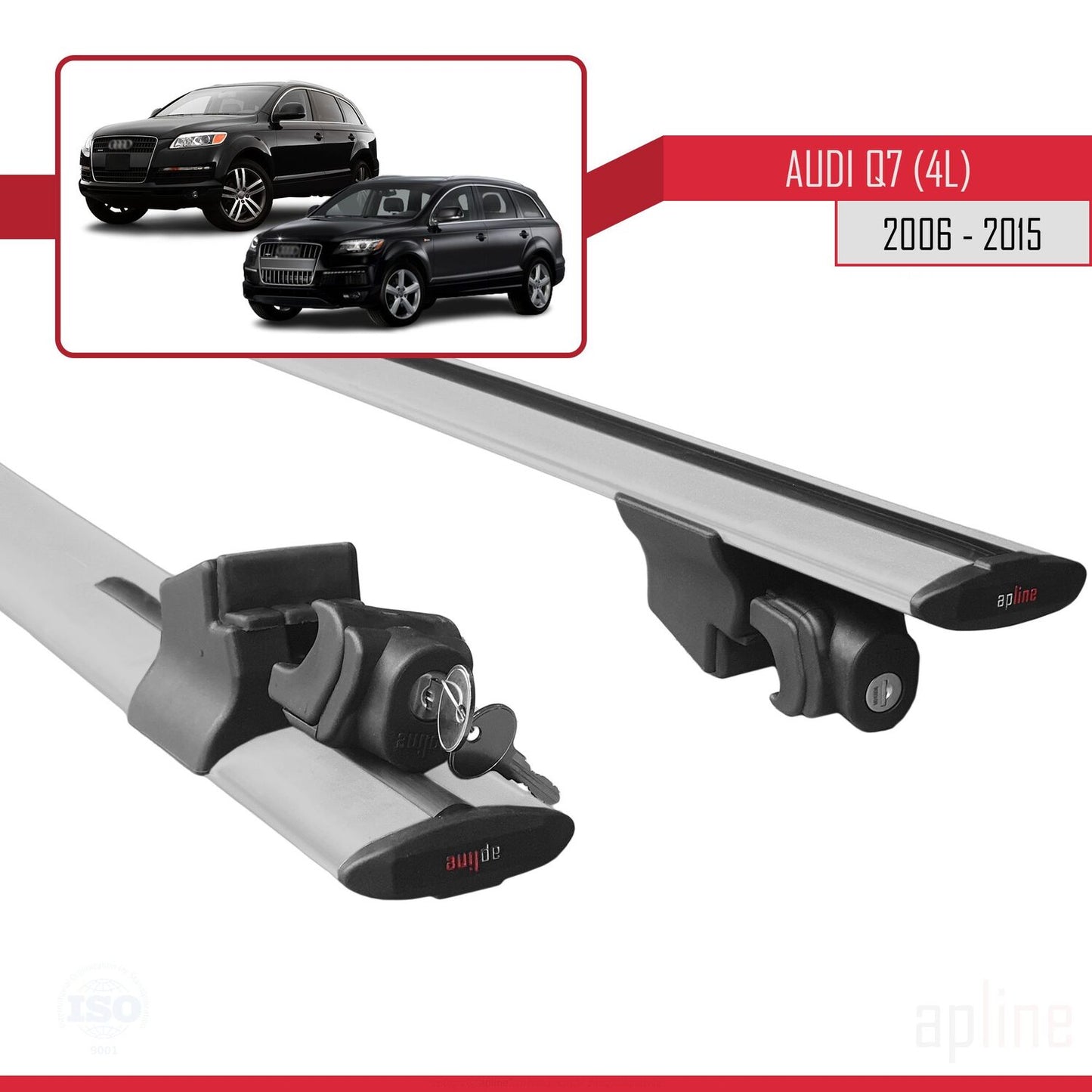 Compatible with Audi Q7 (4L) 2006-2015 HOOK Model Car Roof Rack Cross Bar Grey Aluminium 2 Bars