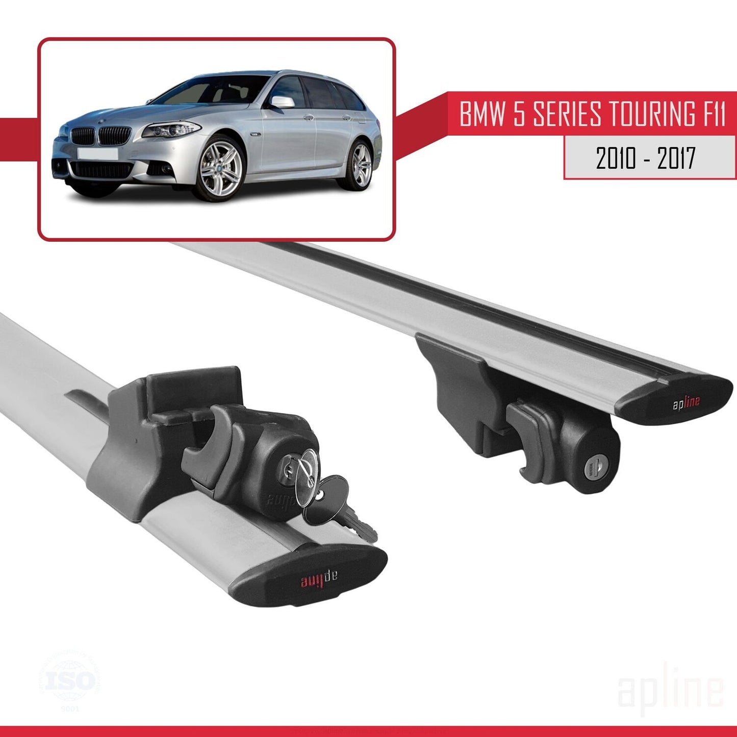 Compatible with BMW 5 Series (F11) Touring 2010-2017 HOOK Model Car Roof Rack Cross Bar Grey Aluminium 2 Bars