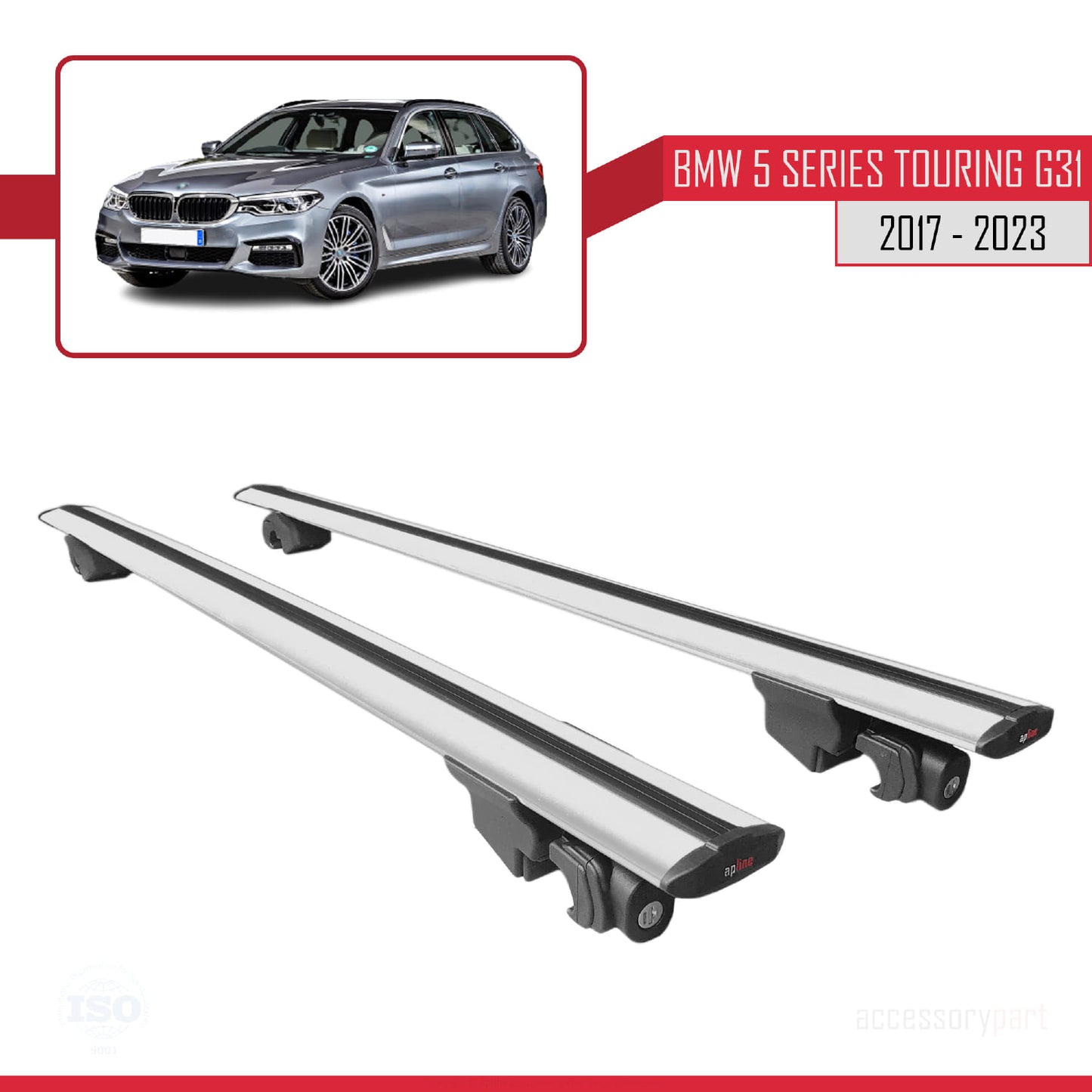 Compatible with BMW 5 Series (G31) Wagon 2017-2023 HOOK Model Roof Rack Gray 2 Aluminium Bars