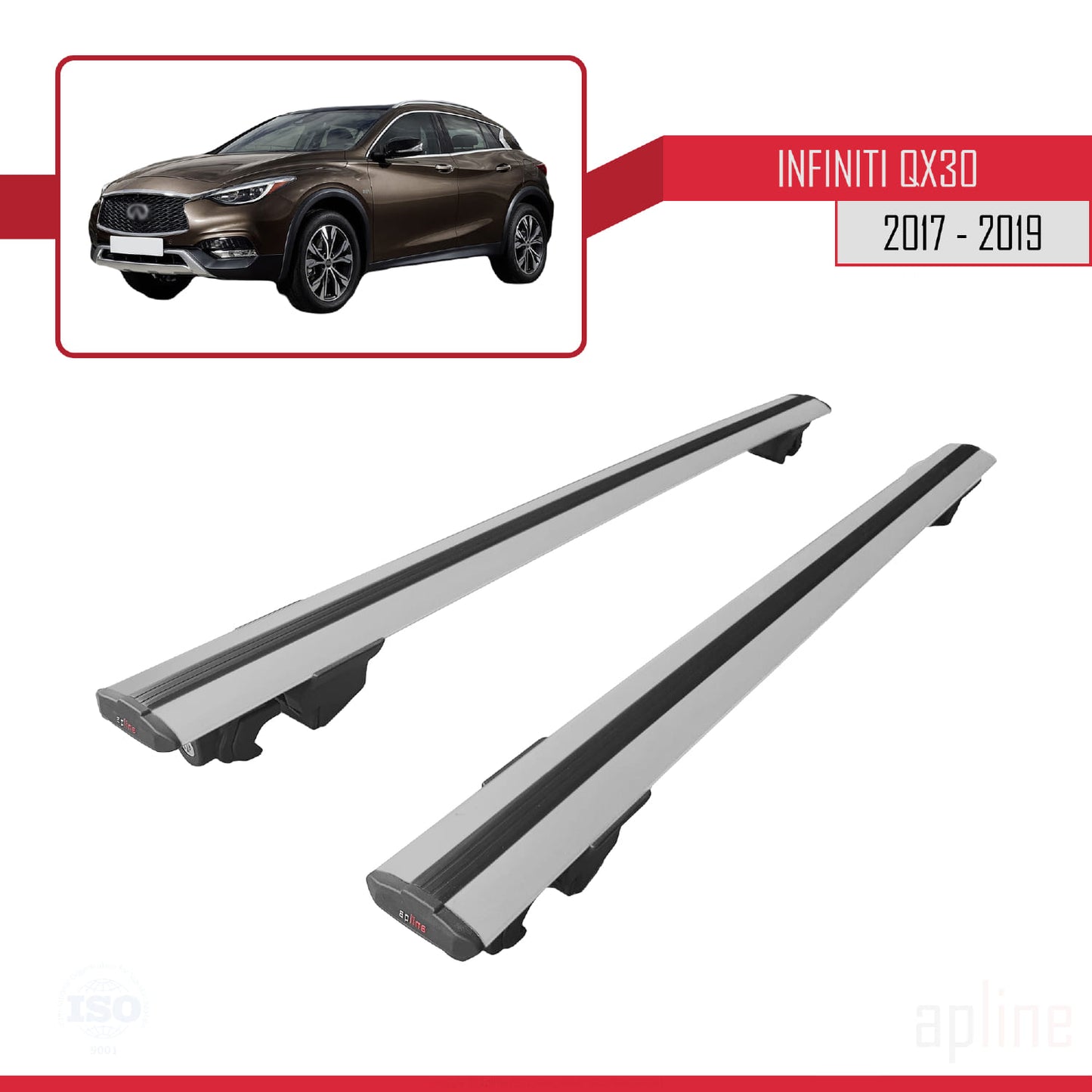 Compatible with Infiniti QX30 (H15) 2017-2019 HOOK Model Car Roof Rack Cross Bar Grey Aluminium 2 Bars