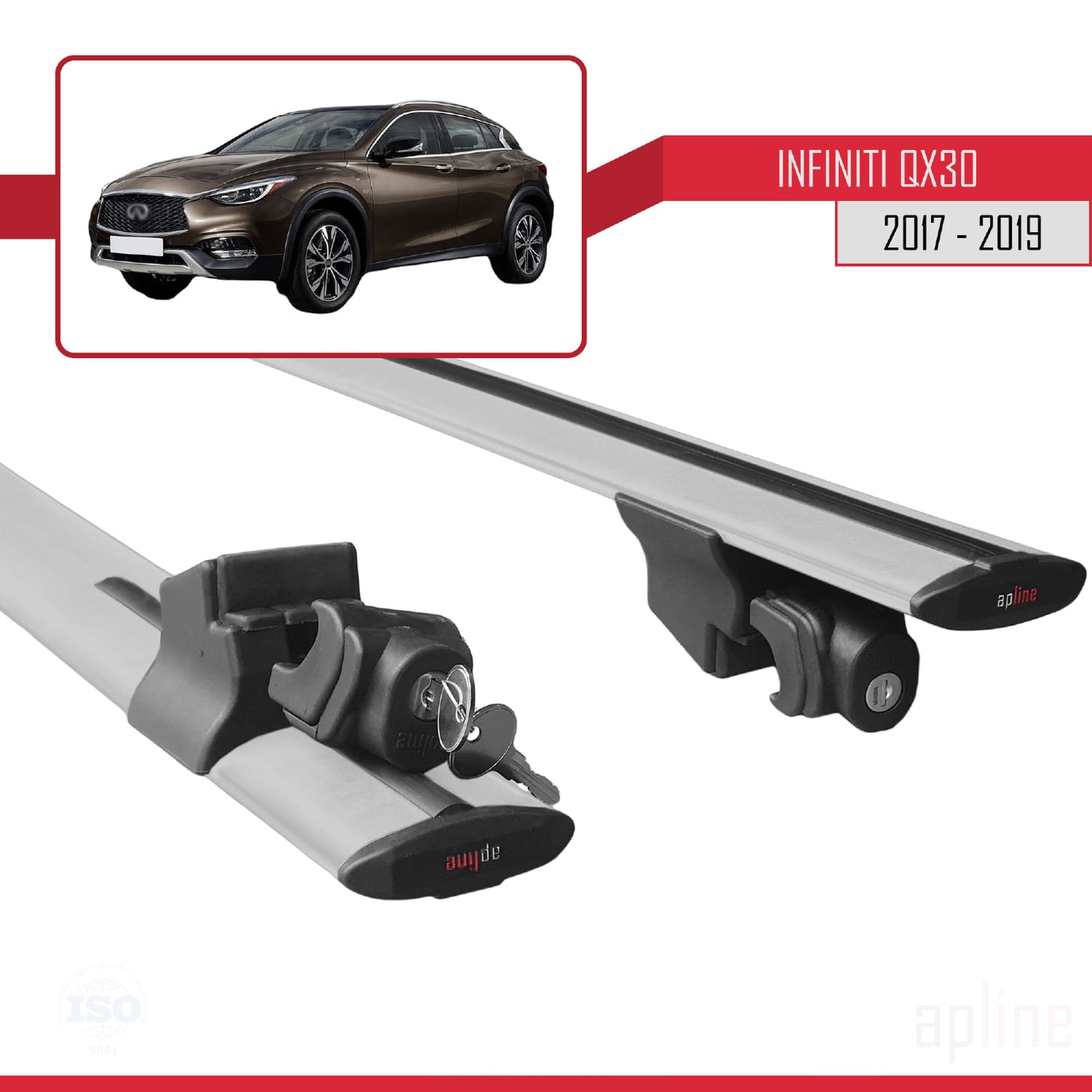 Compatible with Infiniti QX30 (H15) 2017-2019 HOOK Model Car Roof Rack Cross Bar Grey Aluminium 2 Bars