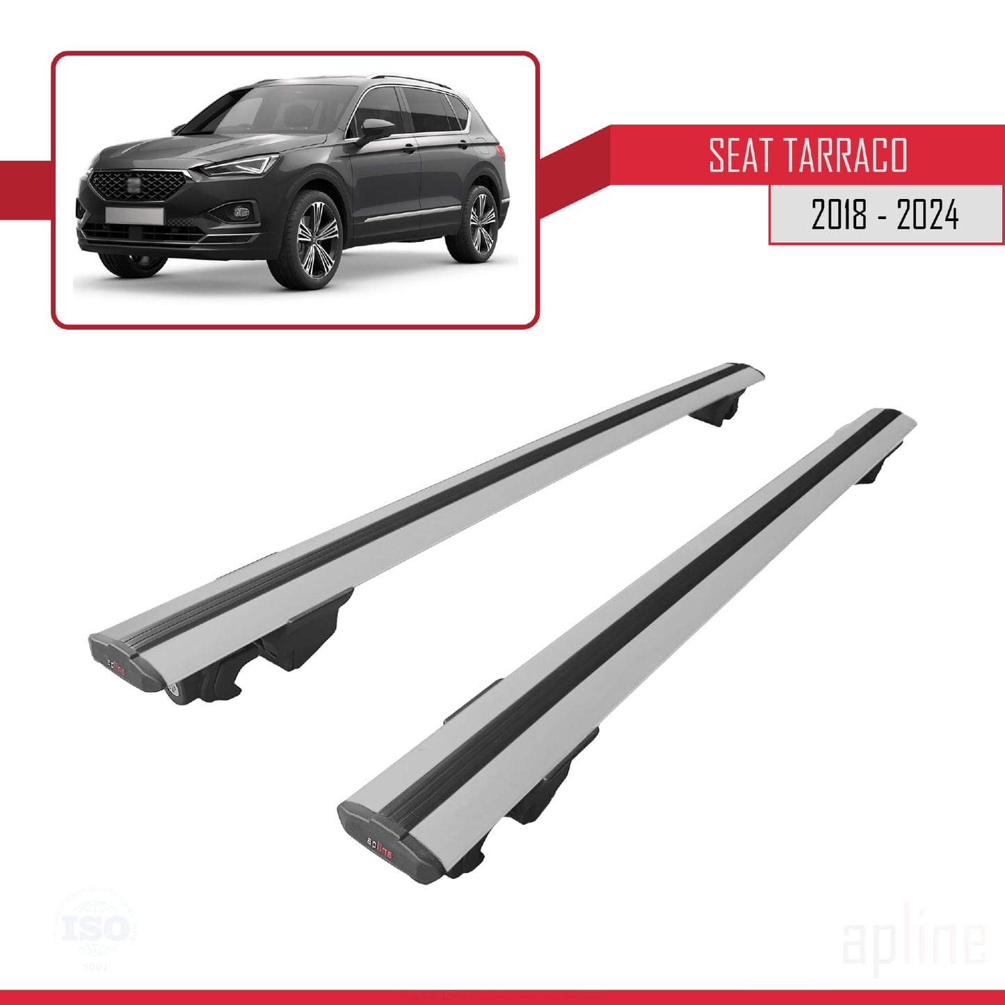 Compatible with Seat Tarraco (KN2) 2018-2024 HOOK Model Car Roof Rack Cross Bar Grey Aluminium 2 Bars