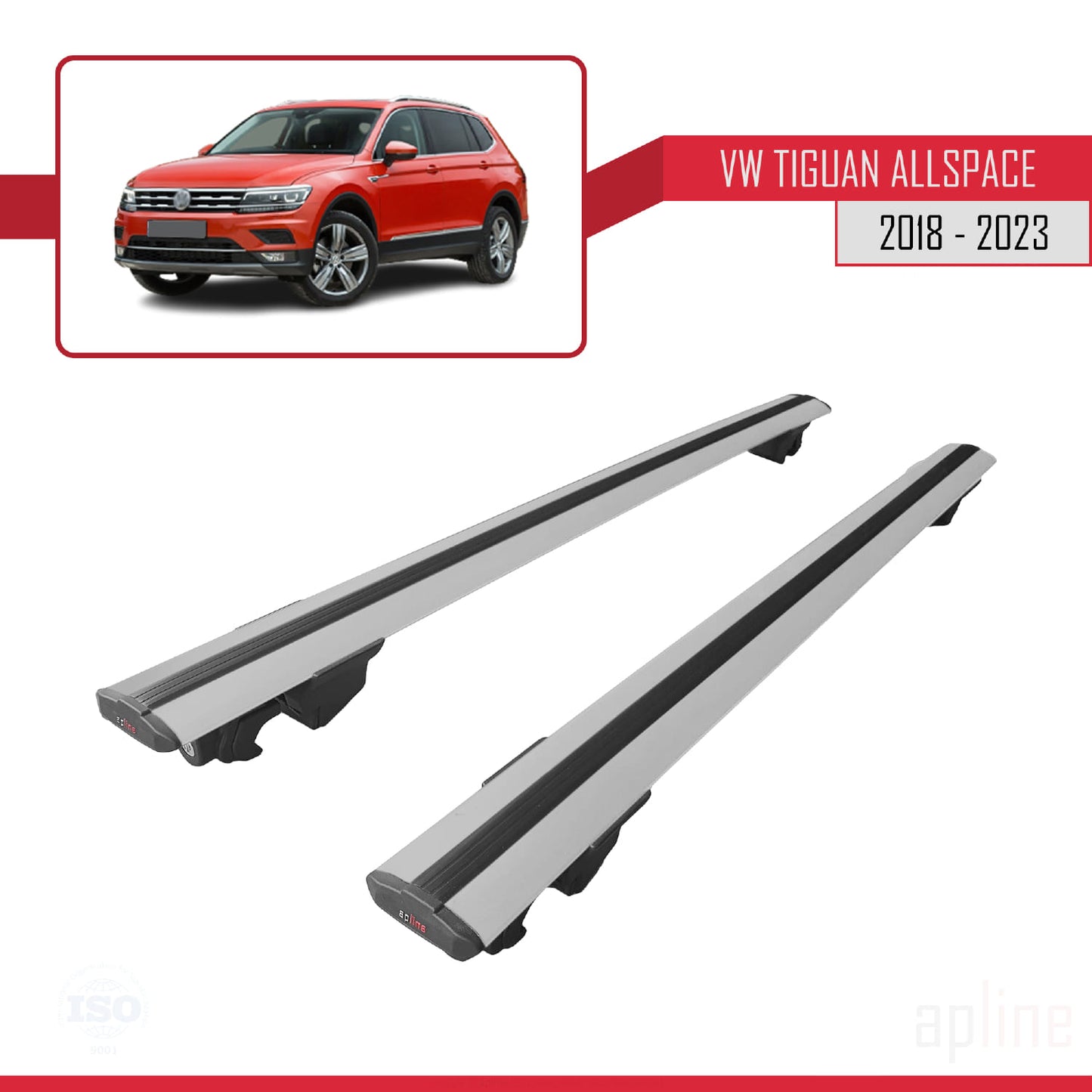 Compatible with Volkswagen Tiguan Allspace (BW) 2018-2023 HOOK Model Car Roof Rack Cross Bar Grey Aluminium 2 Bars