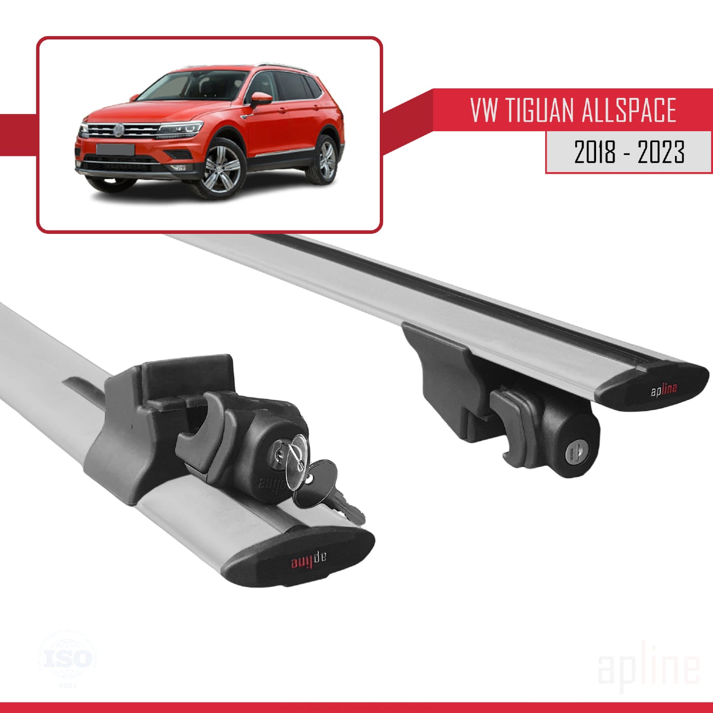 Compatible with Volkswagen Tiguan Allspace (BW) 2018-2023 HOOK Model Car Roof Rack Cross Bar Grey Aluminium 2 Bars