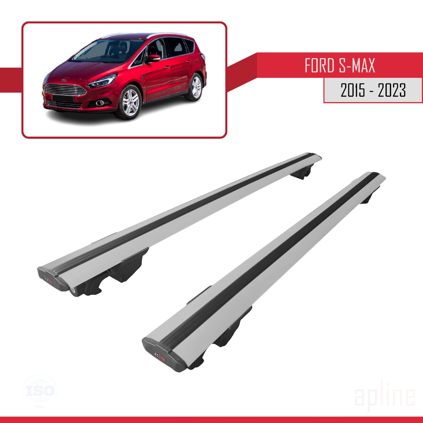 Compatible with Ford S-Max 2 (CD539) 2015-2023 HOOK Model Car Roof Rack Cross Bar Grey Aluminium 2 Bars