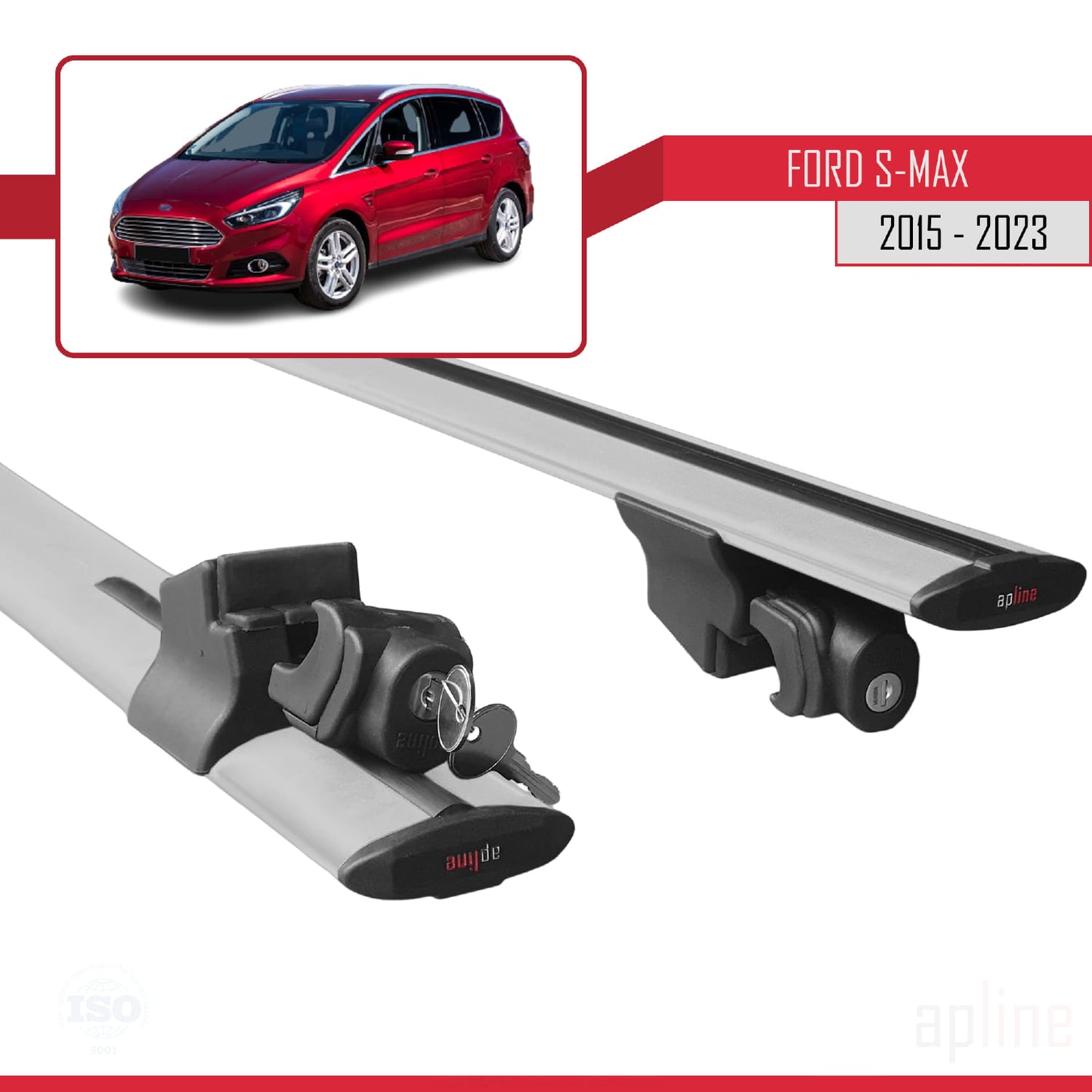 Compatible with Ford S-Max 2 (CD539) 2015-2023 HOOK Model Car Roof Rack Cross Bar Grey Aluminium 2 Bars