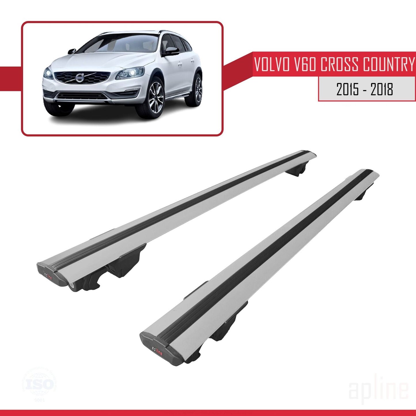 Compatible with Volvo V60 Cross Country 2015-2018 HOOK Model Car Roof Rack Cross Bar Grey Aluminium 2 Bars