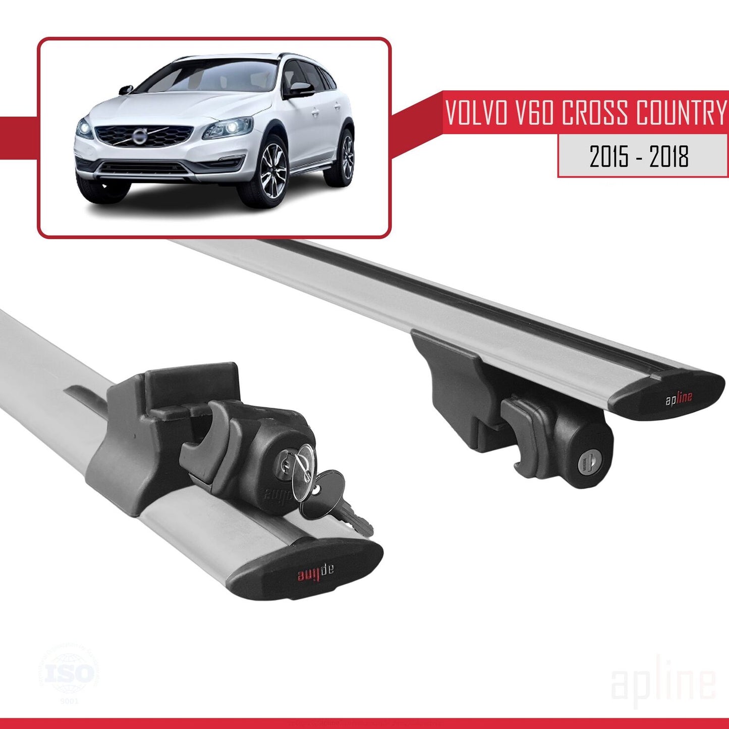 Compatible with Volvo V60 Cross Country 2015-2018 HOOK Model Car Roof Rack Cross Bar Grey Aluminium 2 Bars