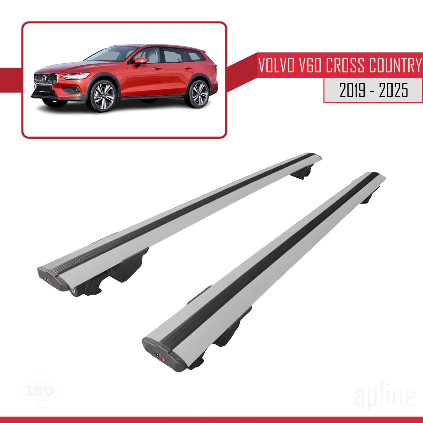 Compatible with Volvo V60 II Cross Country 2019-2025 HOOK Model Car Roof Rack Cross Bar Grey Aluminium 2 Bars