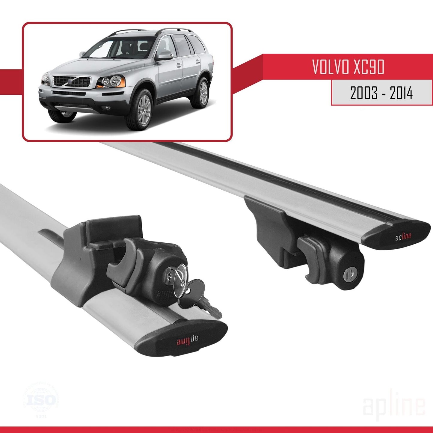 Compatible with Volvo XC90 2003-2014 HOOK Model Car Roof Rack Cross Bar Grey Aluminium 2 Bars