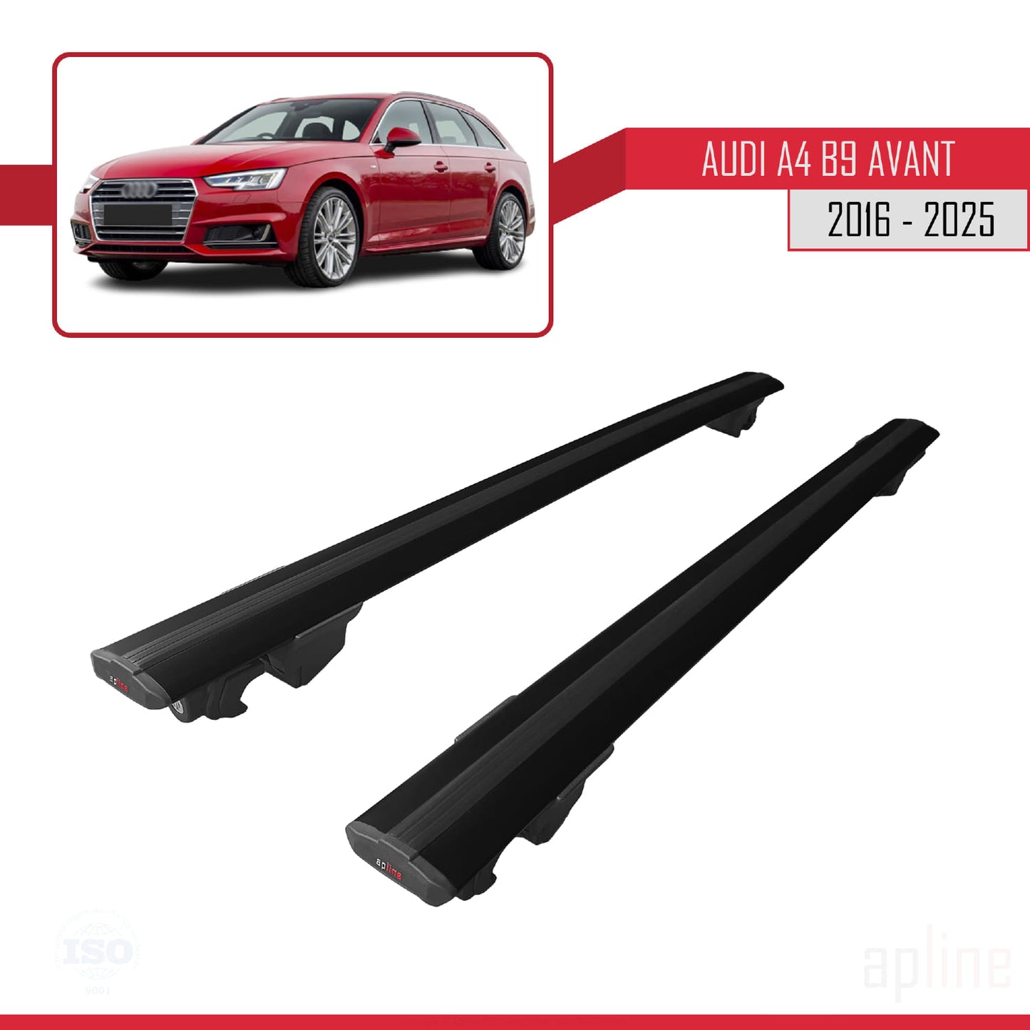 Compatible with Audi A4 (B9) Avant 2016-2025 HOOK Model Car Roof Rack Cross Bar Black Aluminium 2 Bars