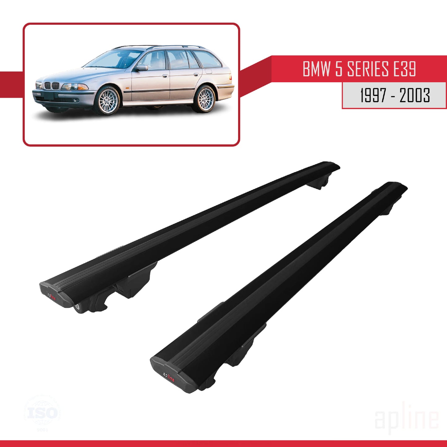 Compatible with BMW 5 Series (E39) Touring 1997-2003 HOOK Model Car Roof Rack Cross Bar Black Aluminium 2 Bars