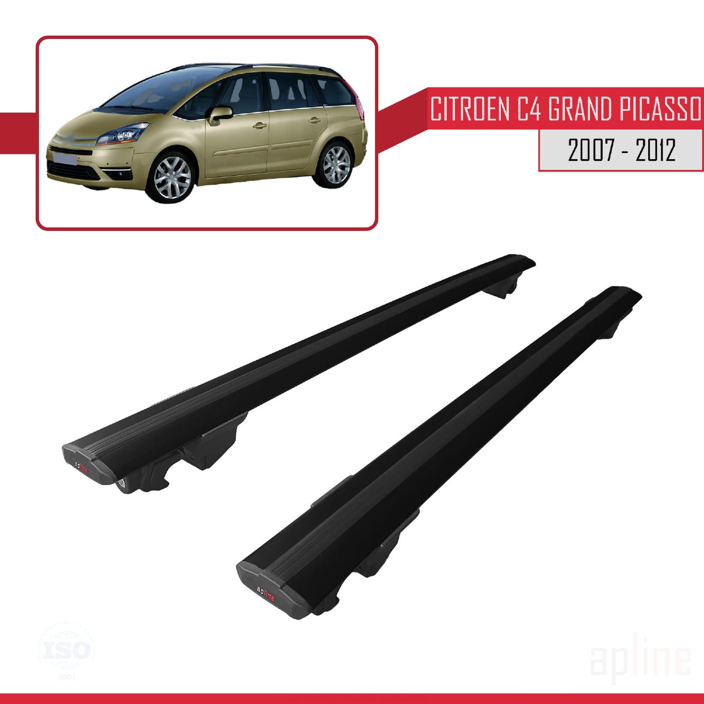 Compatible with Citroen Grand C4 Picasso 2007-2012 HOOK Model Car Roof Rack Cross Bar Black Aluminium 2 Bars