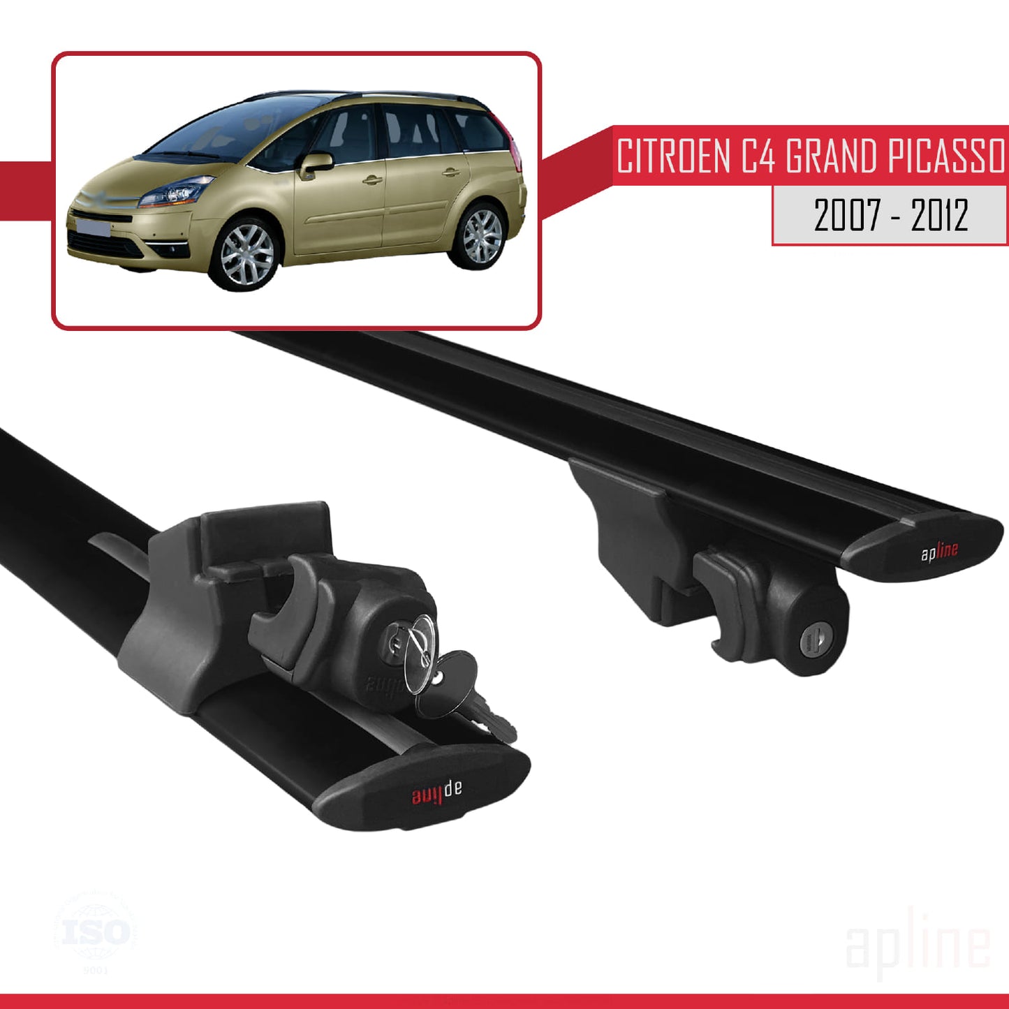 Compatible with Citroen Grand C4 Picasso 2007-2012 HOOK Model Car Roof Rack Cross Bar Black Aluminium 2 Bars