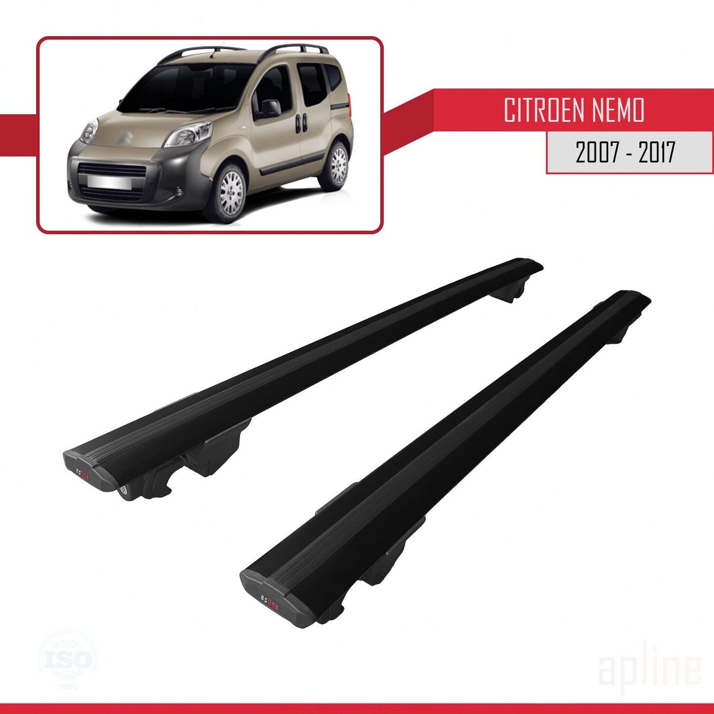 Compatible with Citroen Nemo 3 (225) 2007-2017 HOOK Model Car Roof Rack Cross Bar Black Aluminium 2 Bars