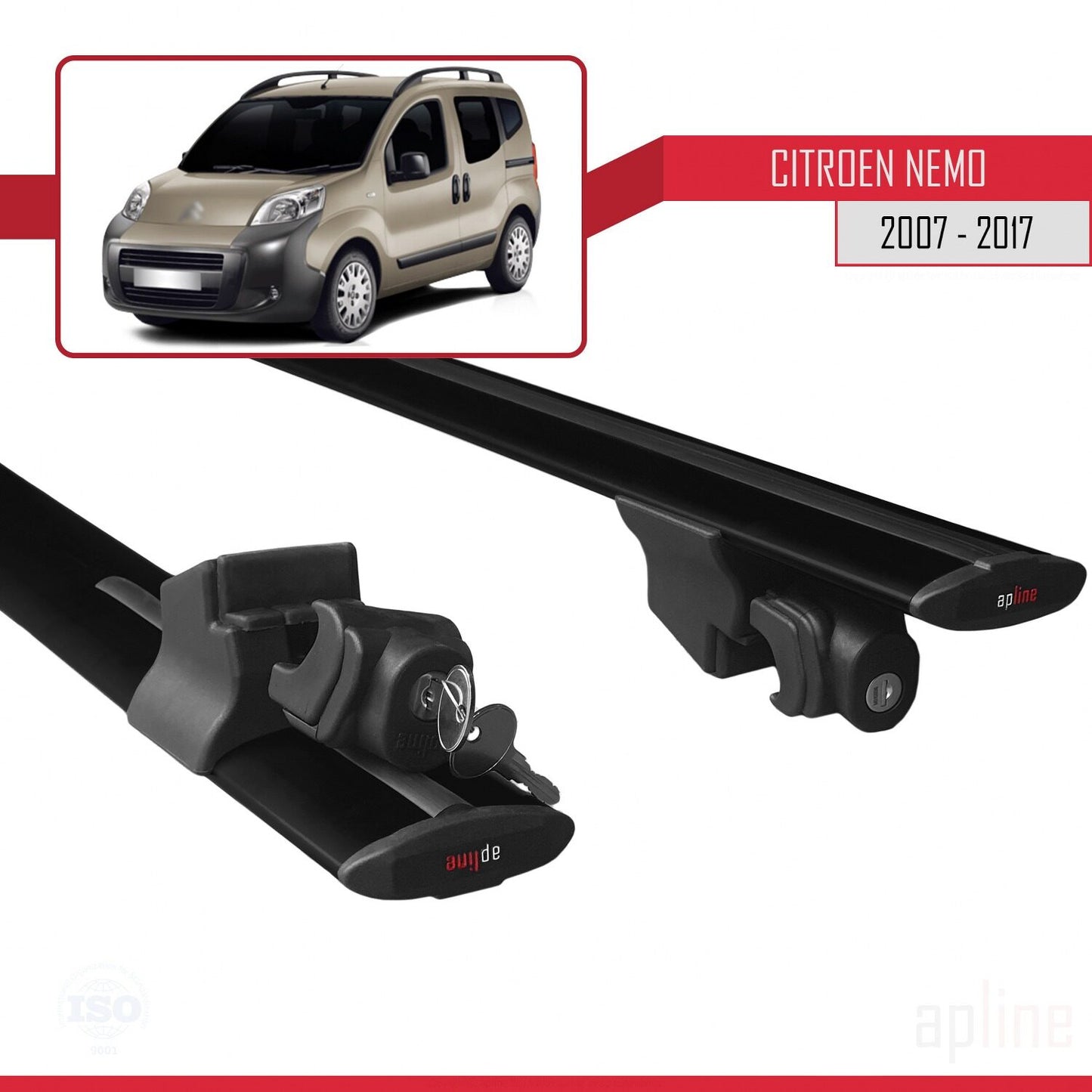Compatible with Citroen Nemo 3 (225) 2007-2017 HOOK Model Car Roof Rack Cross Bar Black Aluminium 2 Bars