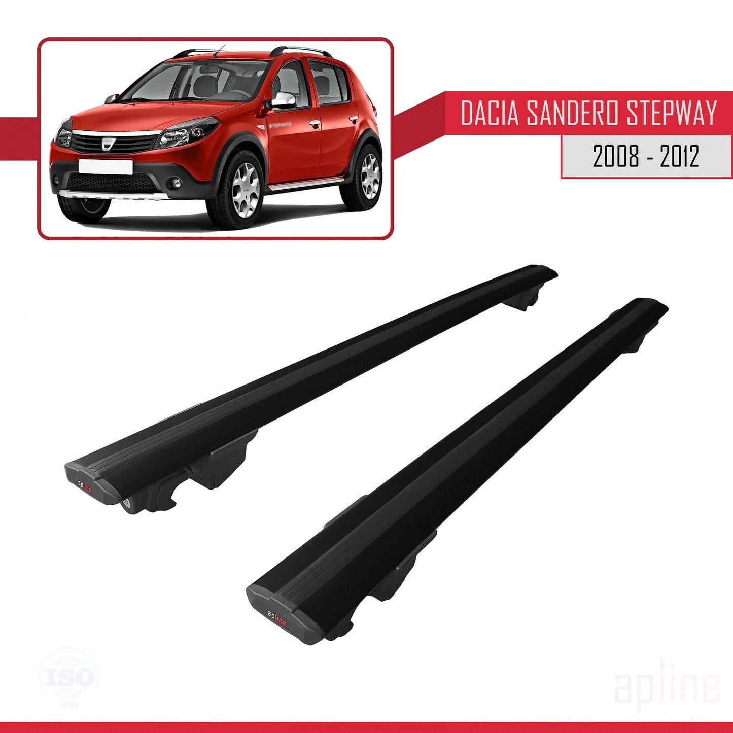 Compatible with Dacia Sandero Stepway 2008-2012 HOOK Model Car Roof Rack Cross Bar Black Aluminium 2 Bars