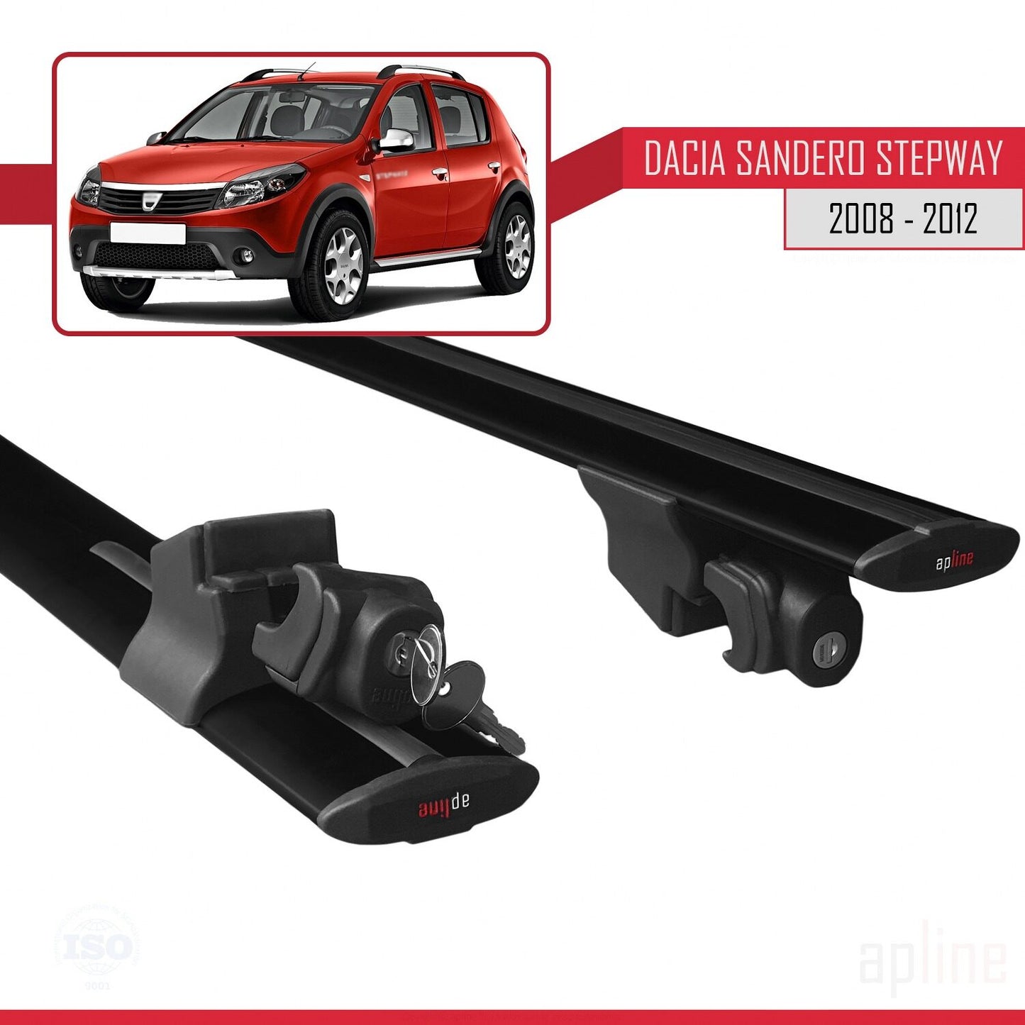 Compatible with Dacia Sandero Stepway 2008-2012 HOOK Model Car Roof Rack Cross Bar Black Aluminium 2 Bars