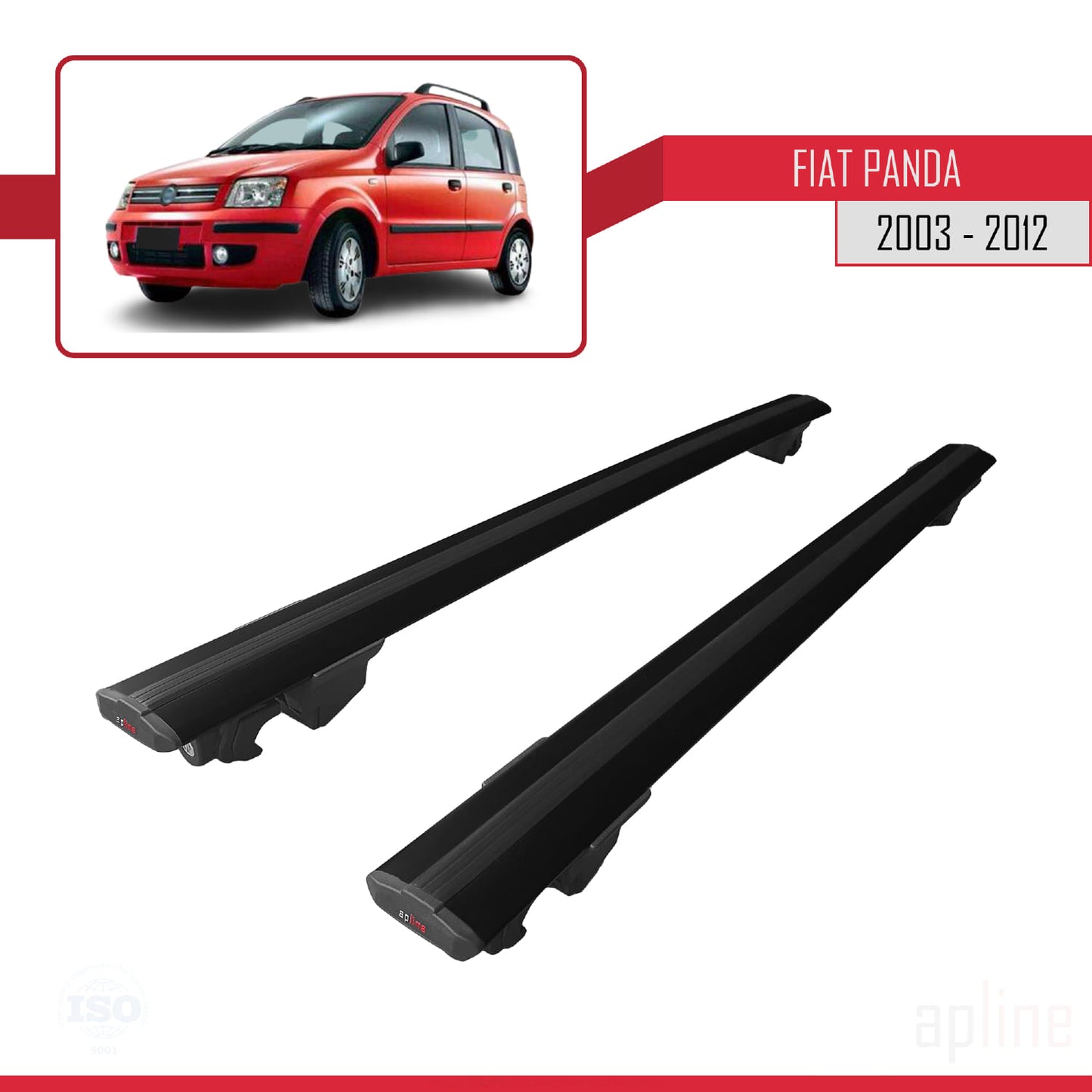 Compatible with Fiat Panda 2 (169) 2003-2012 HOOK Model Car Roof Rack Cross Bar Black Aluminium 2 Bars