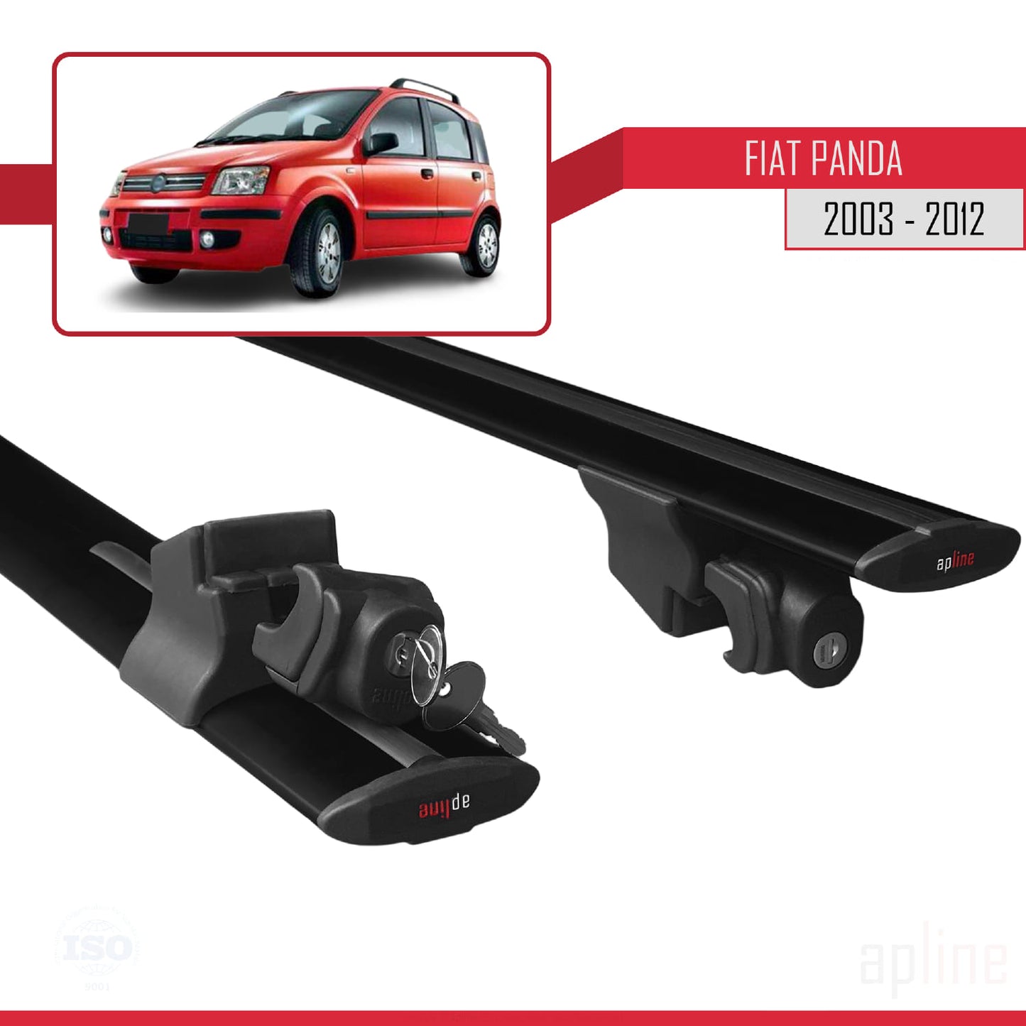 Compatible with Fiat Panda 2 (169) 2003-2012 HOOK Model Car Roof Rack Cross Bar Black Aluminium 2 Bars