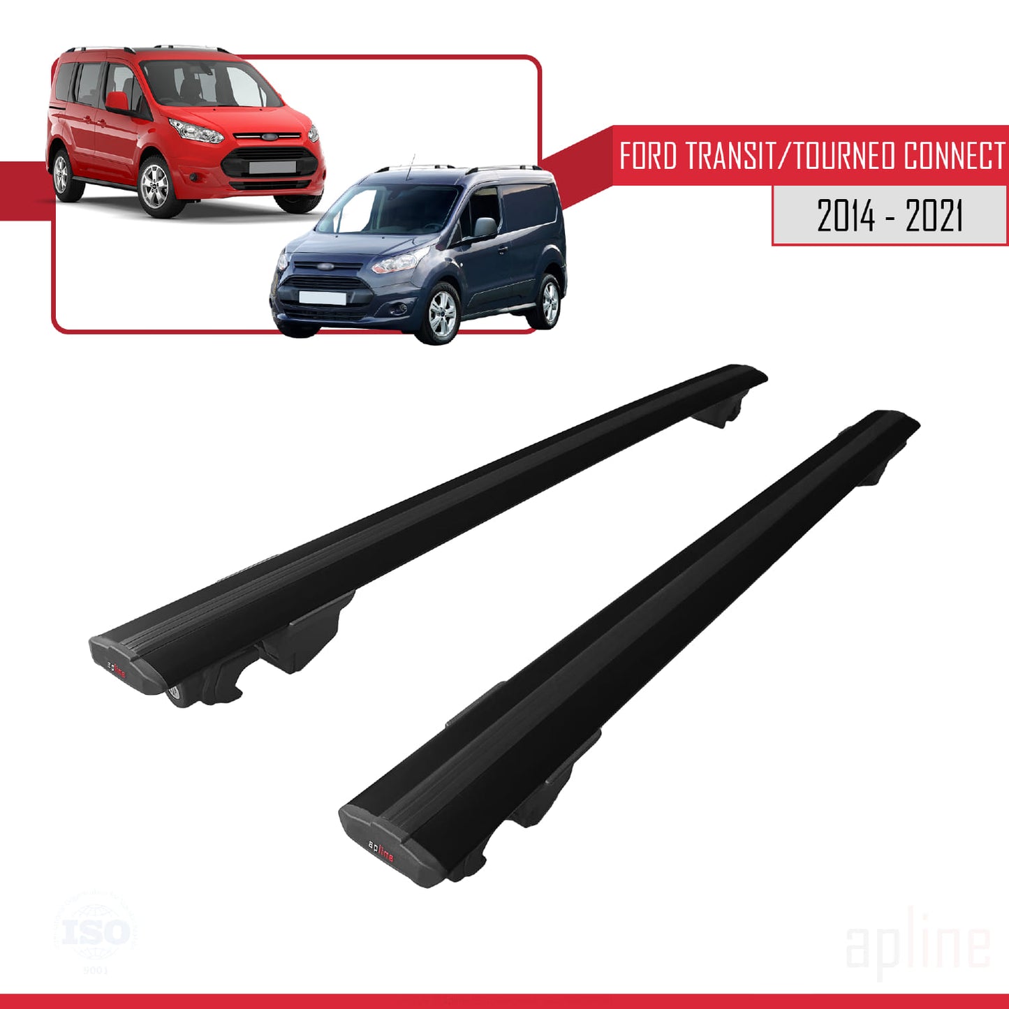 Compatible with Ford Transit/Tourneo Connect 2 2014-2021 HOOK Model Car Roof Rack Cross Bar Black Aluminium 2 Bars