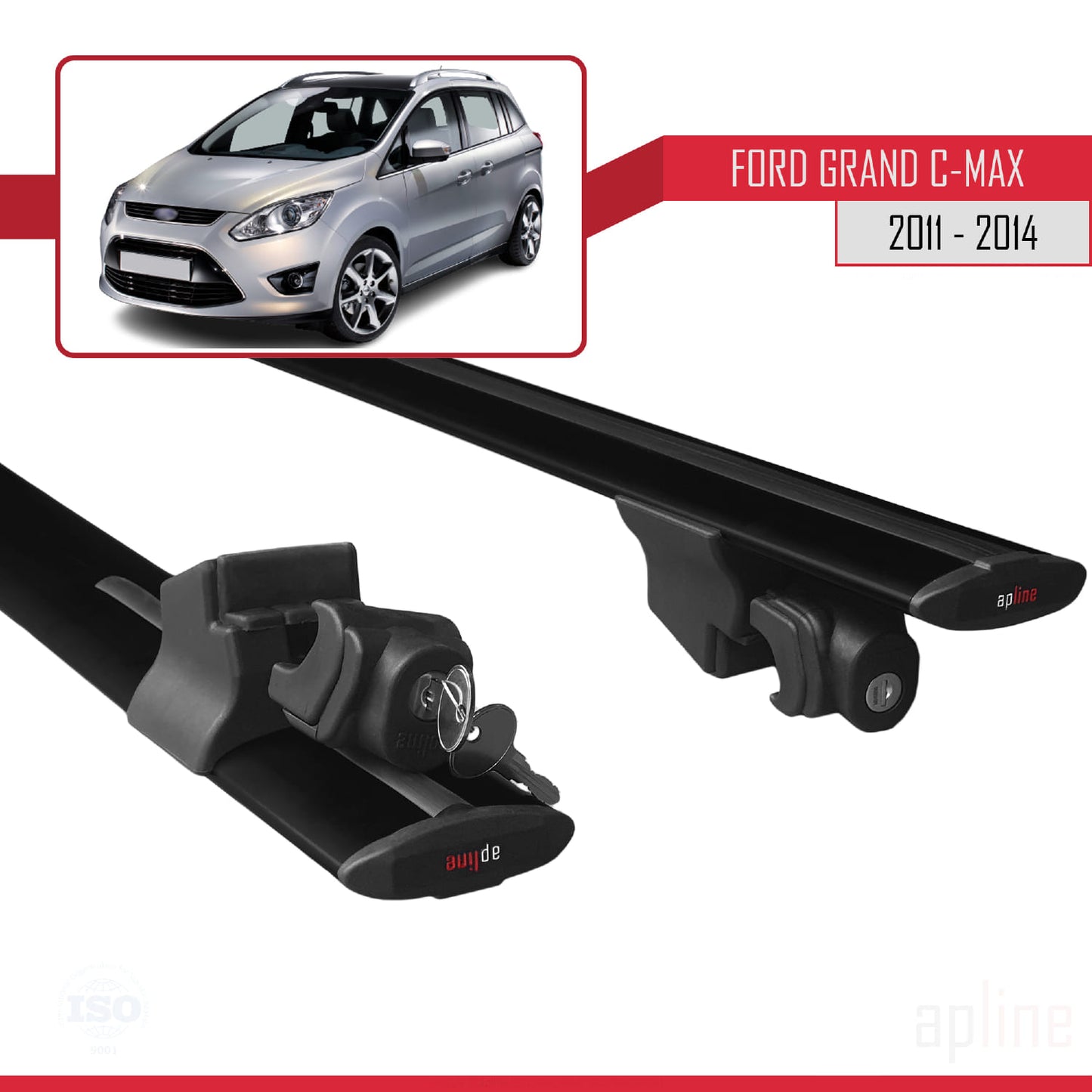 Compatible with Ford Grand C-Max (C344) Pre-Facelift 2011-2014 HOOK Model Car Roof Rack Cross Bar Black Aluminium 2 Bars