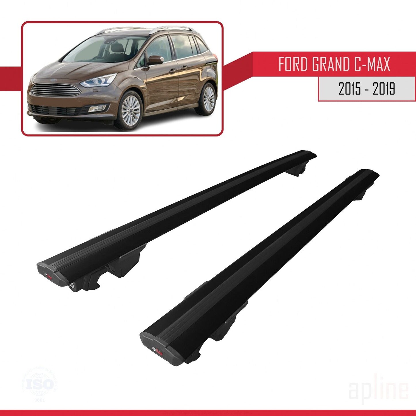 Compatible with Ford Grand C-Max (C344) Post-Facelift 2015-2019 HOOK Model Car Roof Rack Cross Bar Black Aluminium 2 Bars
