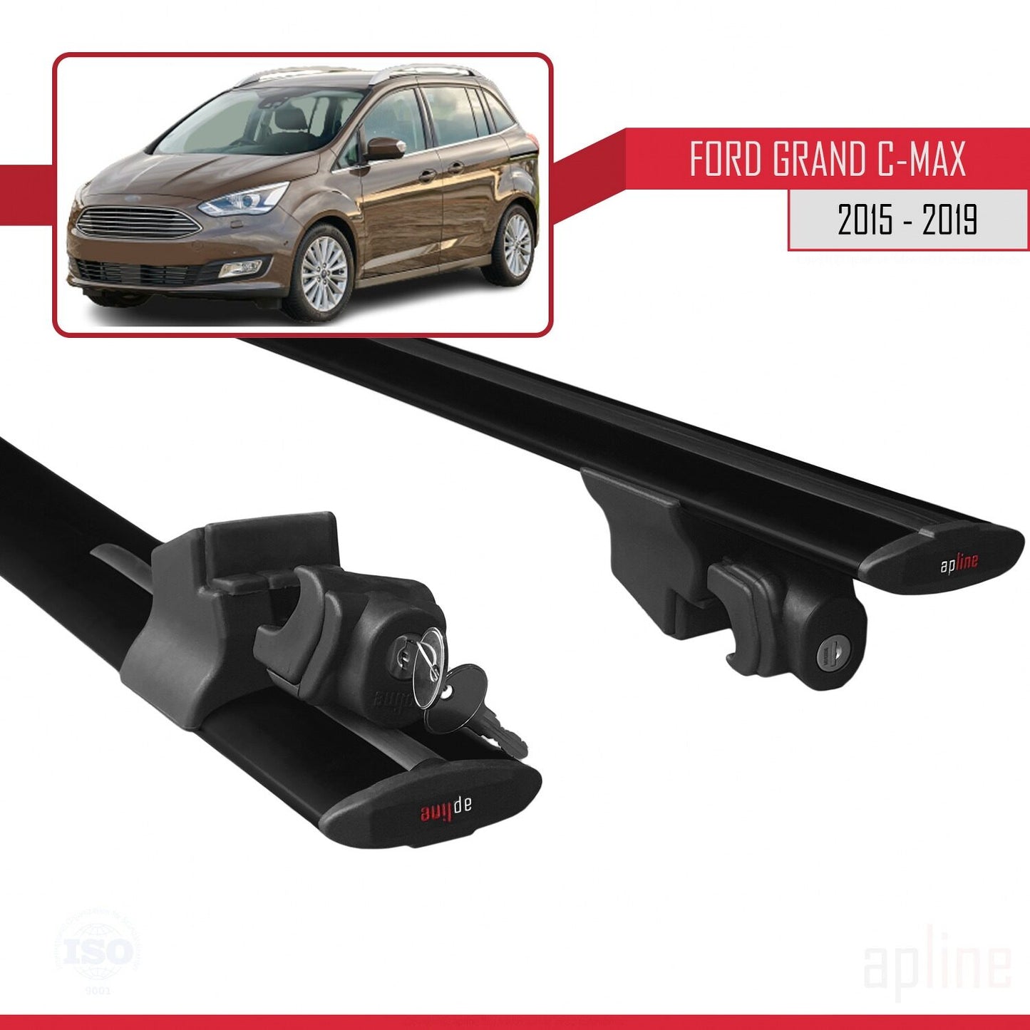 Compatible with Ford Grand C-Max (C344) Post-Facelift 2015-2019 HOOK Model Car Roof Rack Cross Bar Black Aluminium 2 Bars