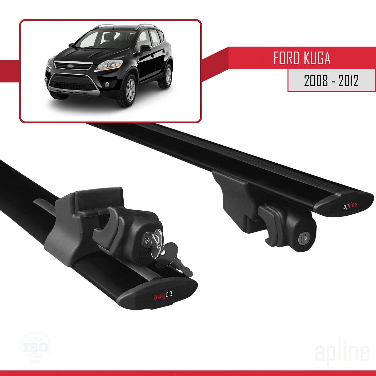 Compatible with Ford Kuga (C394) 2008-2012 HOOK Model Car Roof Rack Cross Bar Black Aluminium 2 Bars