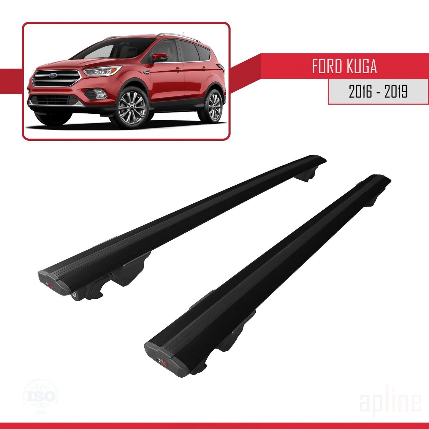 Compatible with Ford Kuga 2 (C520) Post-Facelift 2016-2019 HOOK Model Car Roof Rack Cross Bar Black Aluminium 2 Bars