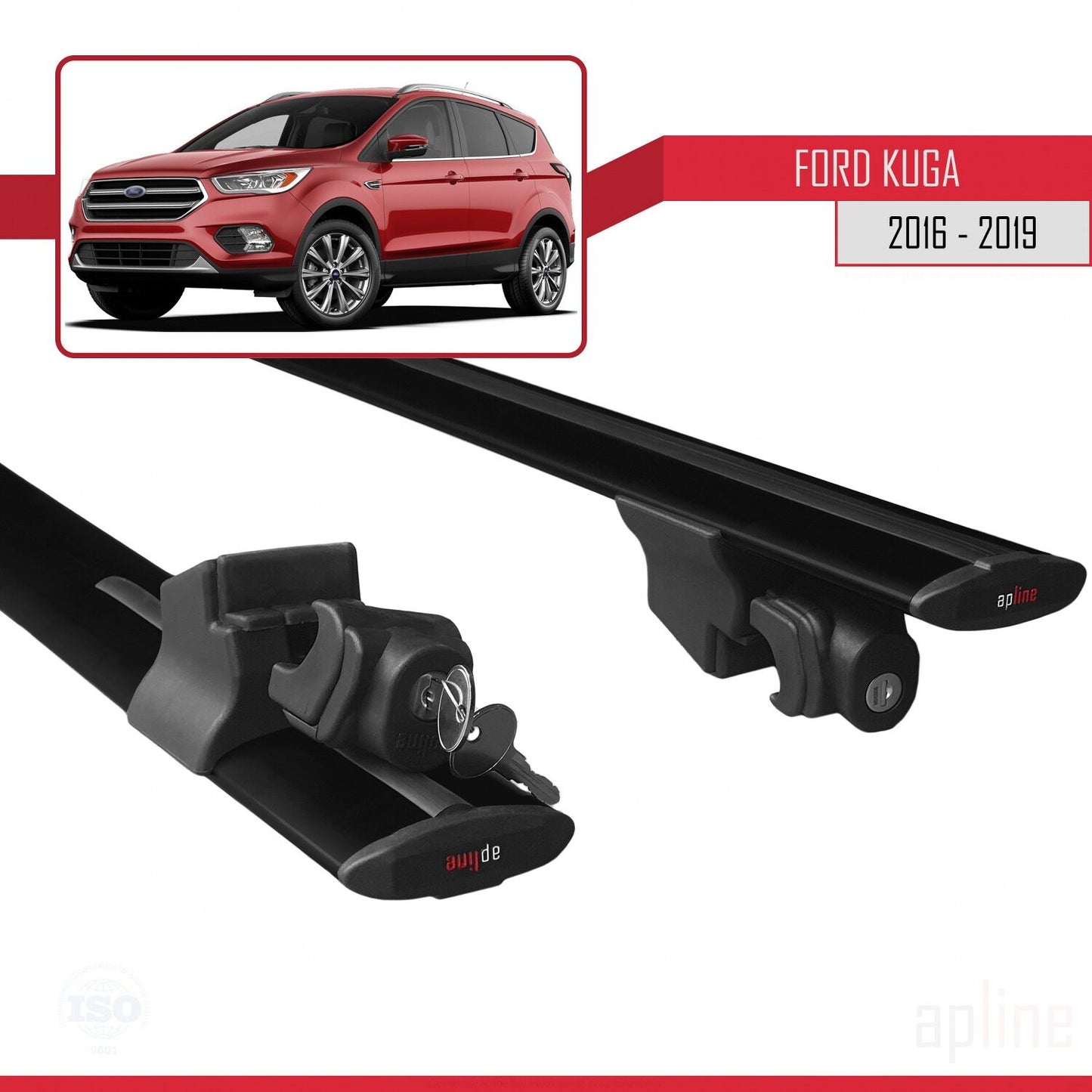 Compatible with Ford Kuga 2 (C520) Post-Facelift 2016-2019 HOOK Model Car Roof Rack Cross Bar Black Aluminium 2 Bars